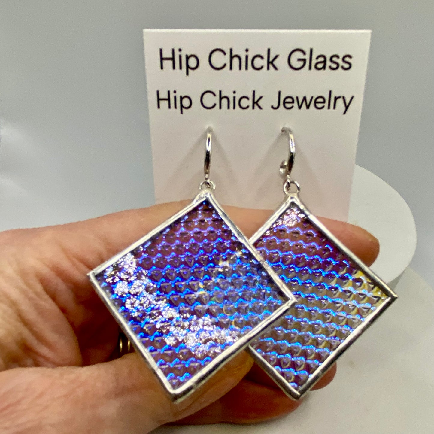 Blue Microdot Square Earrings | Stained Glass Earrings by Hip Chick Glass, Stained Glass Dangle Drop Earrings, Stained Glass Earrings