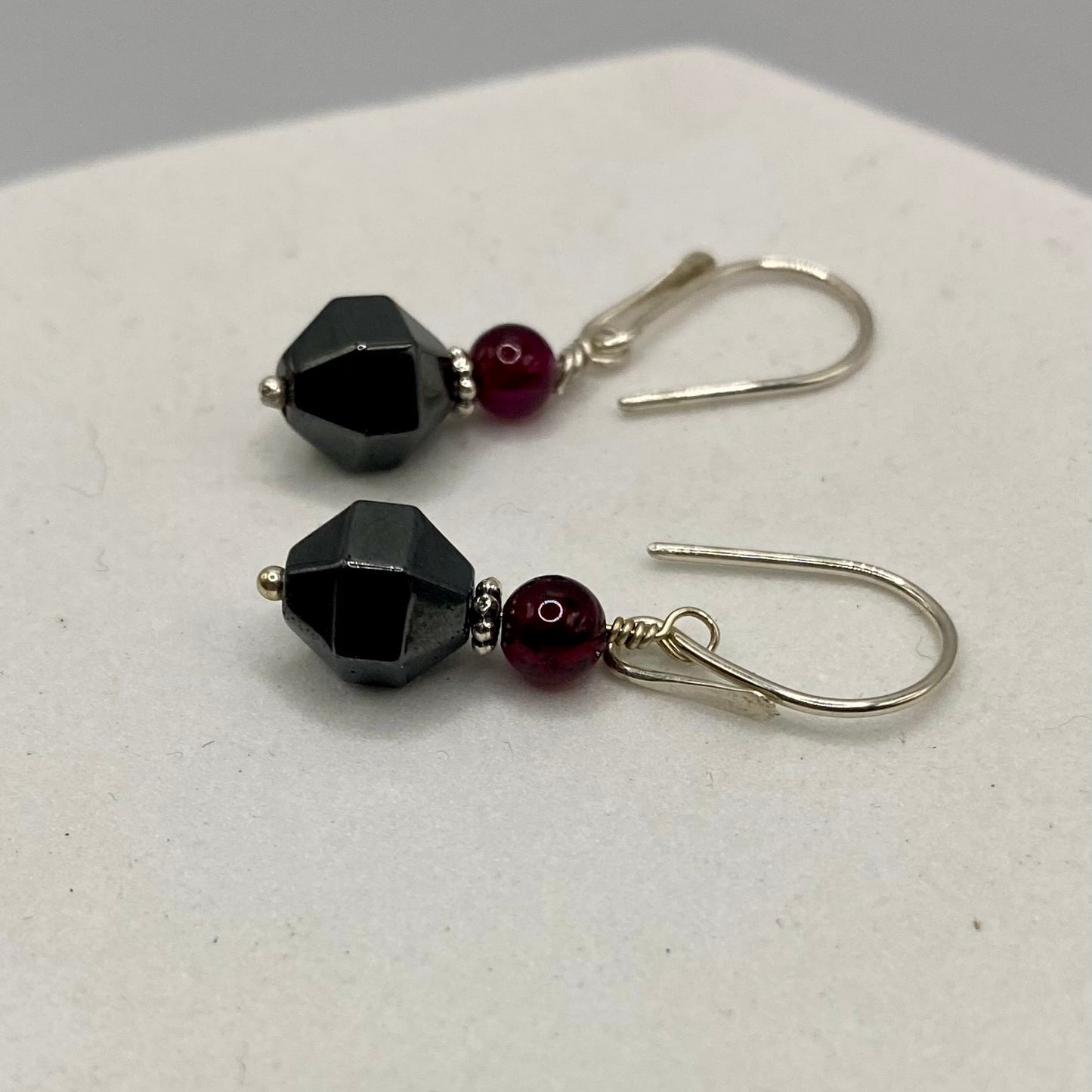 Garnet & Hematite Earrings by Hip Chick Glass, Sterling Silver Earrings, Handmade Gemstone Jewelry, Handmade Jewelry Gift, January Birthstone