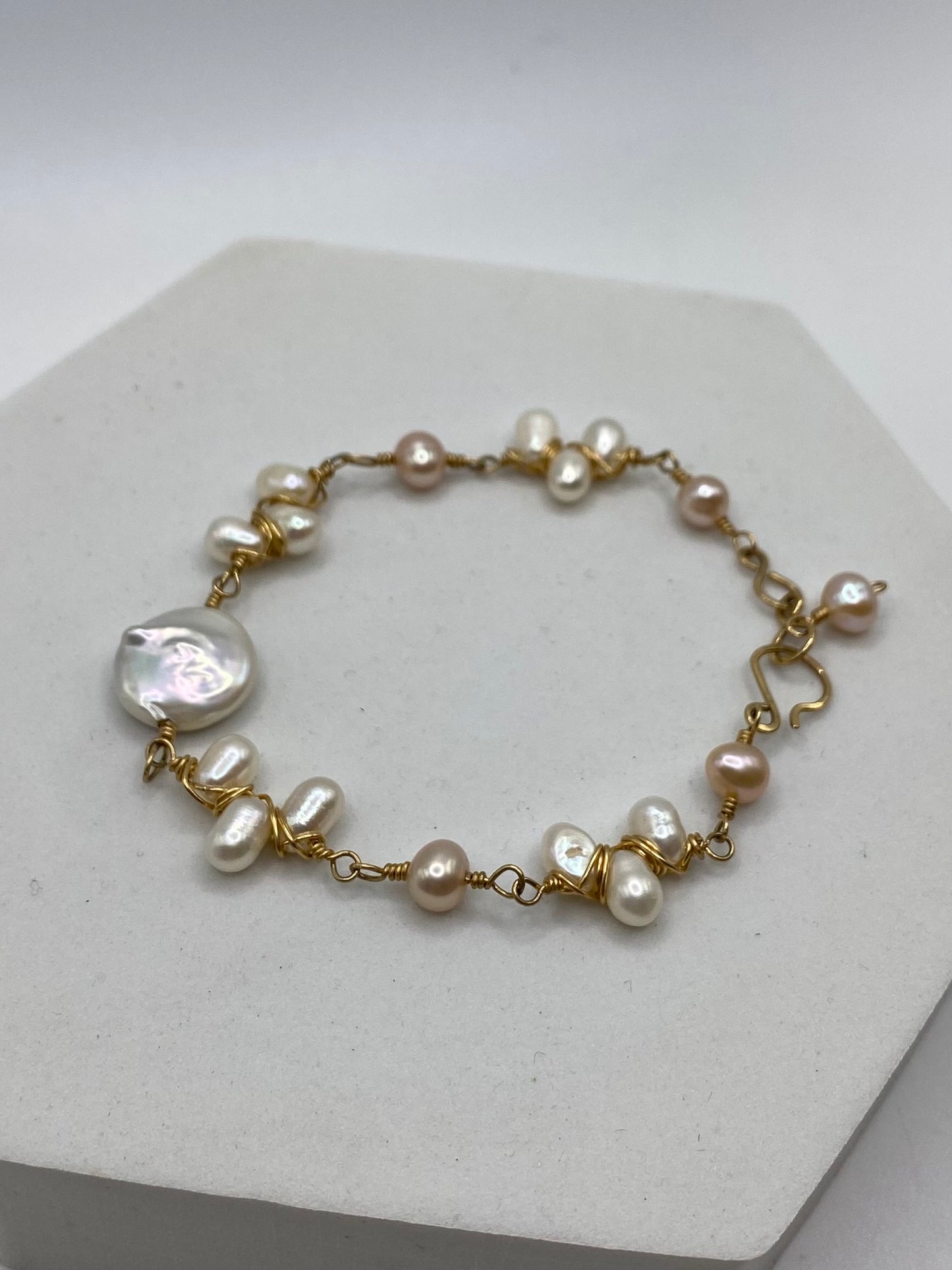 Gold Coin Pearl Bracelet by Hip Chick Glass, Handmade Gold Fill Wire Wrap Jewelry, Handmade Gemstone Bracelet, June Birthstone Gift