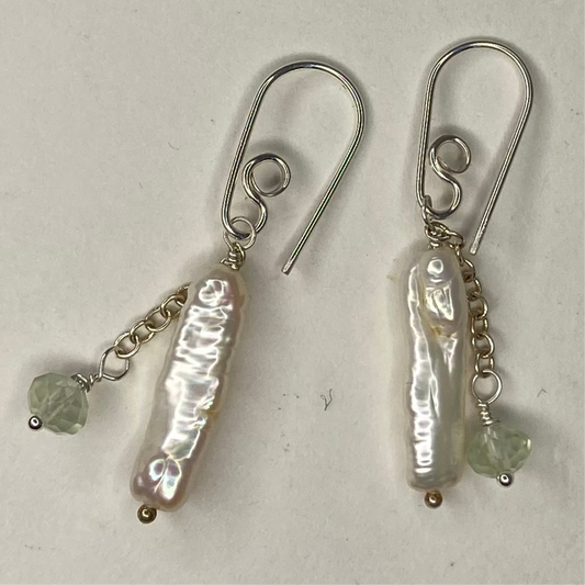 Pearl & Prehnite Double Drop Earrings by Hip Chick Glass, Sterling Silver Earrings, Handmade Gemstone Jewelry, June Birthstone Gift