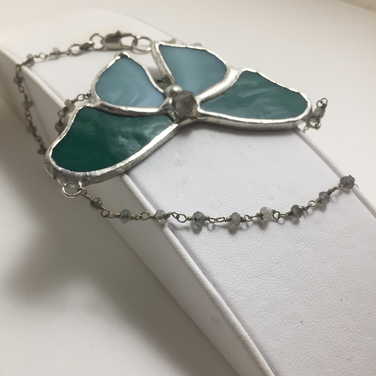 Teal Butterfly Necklace with Quartz & Labradorite by Hip Chick Glass, Handmade Stained Glass Art, Quartz Crystal Necklace