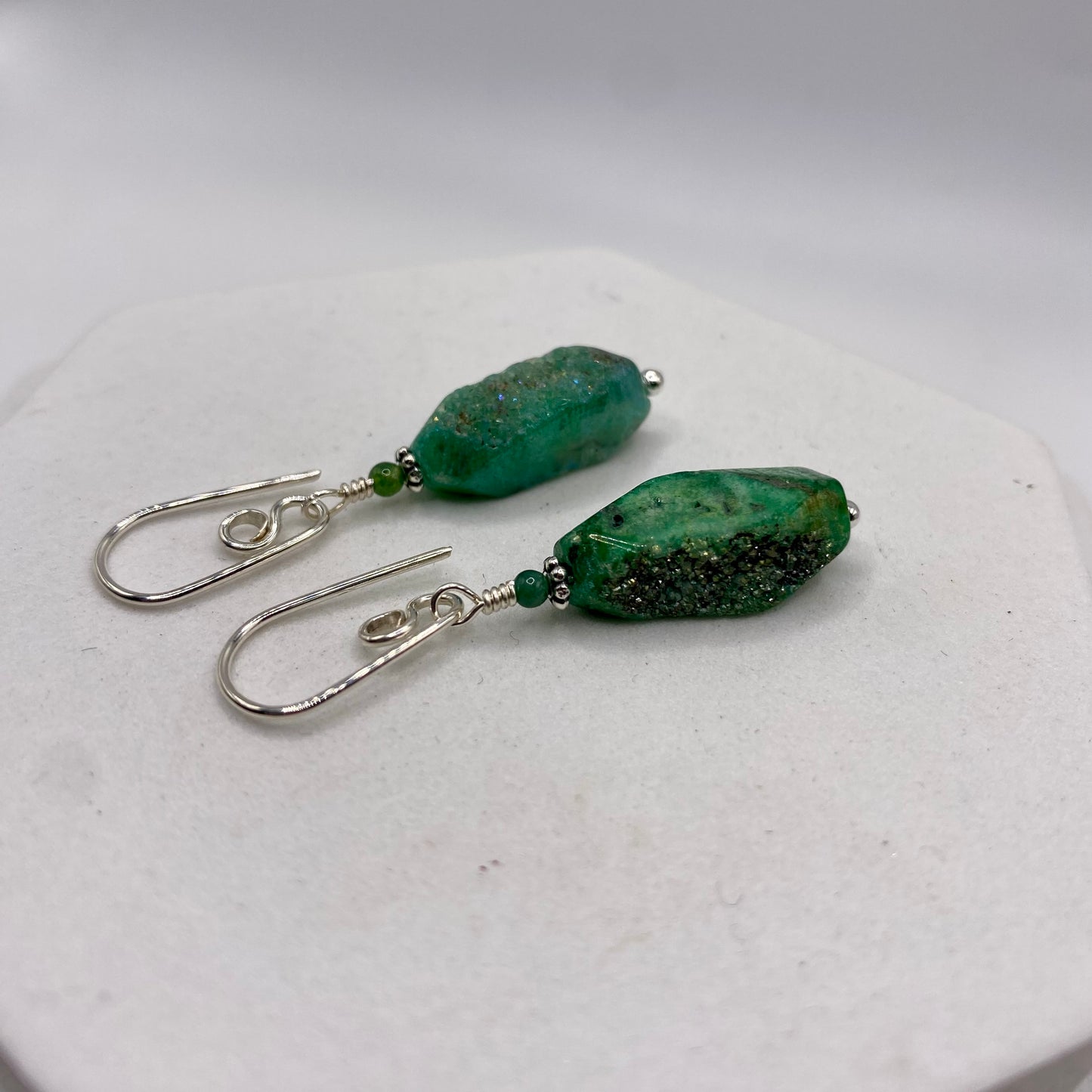 Green Druzy Agate Dangle Earrings by Hip Chick Glass, Sterling Silver Earrings, Handmade Gemstone Jewelry, Gemstone Jewelry Gift