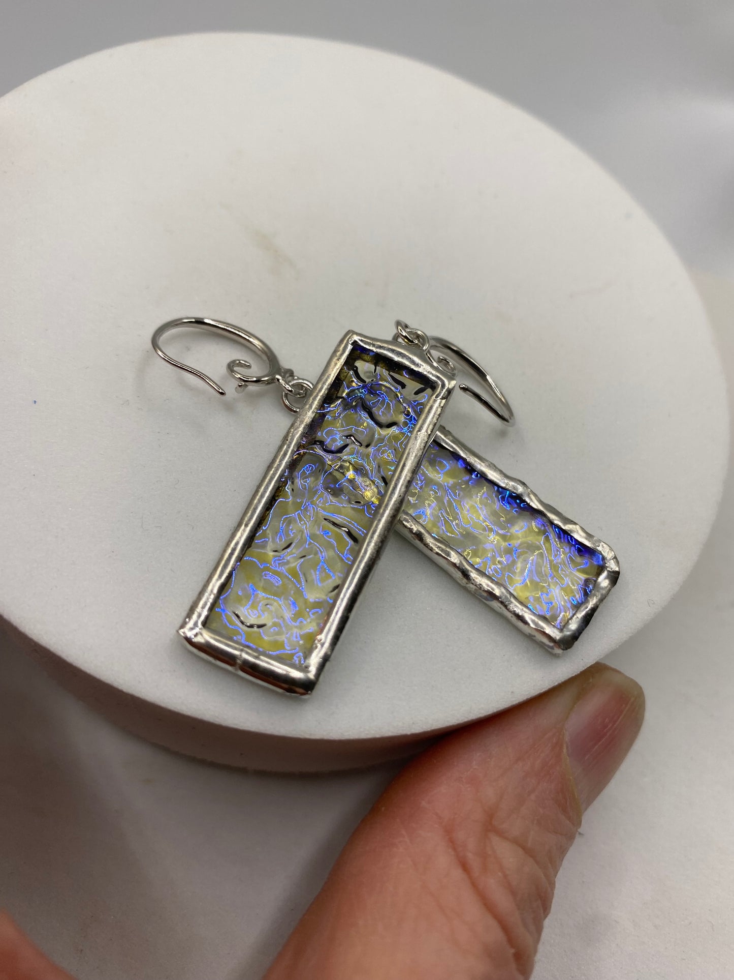 Iridescent Rectangle Earrings | Stained Glass Earrings by Hip Chick Glass, Stained Glass Dangle Drop Earrings, Stained Glass Earrings