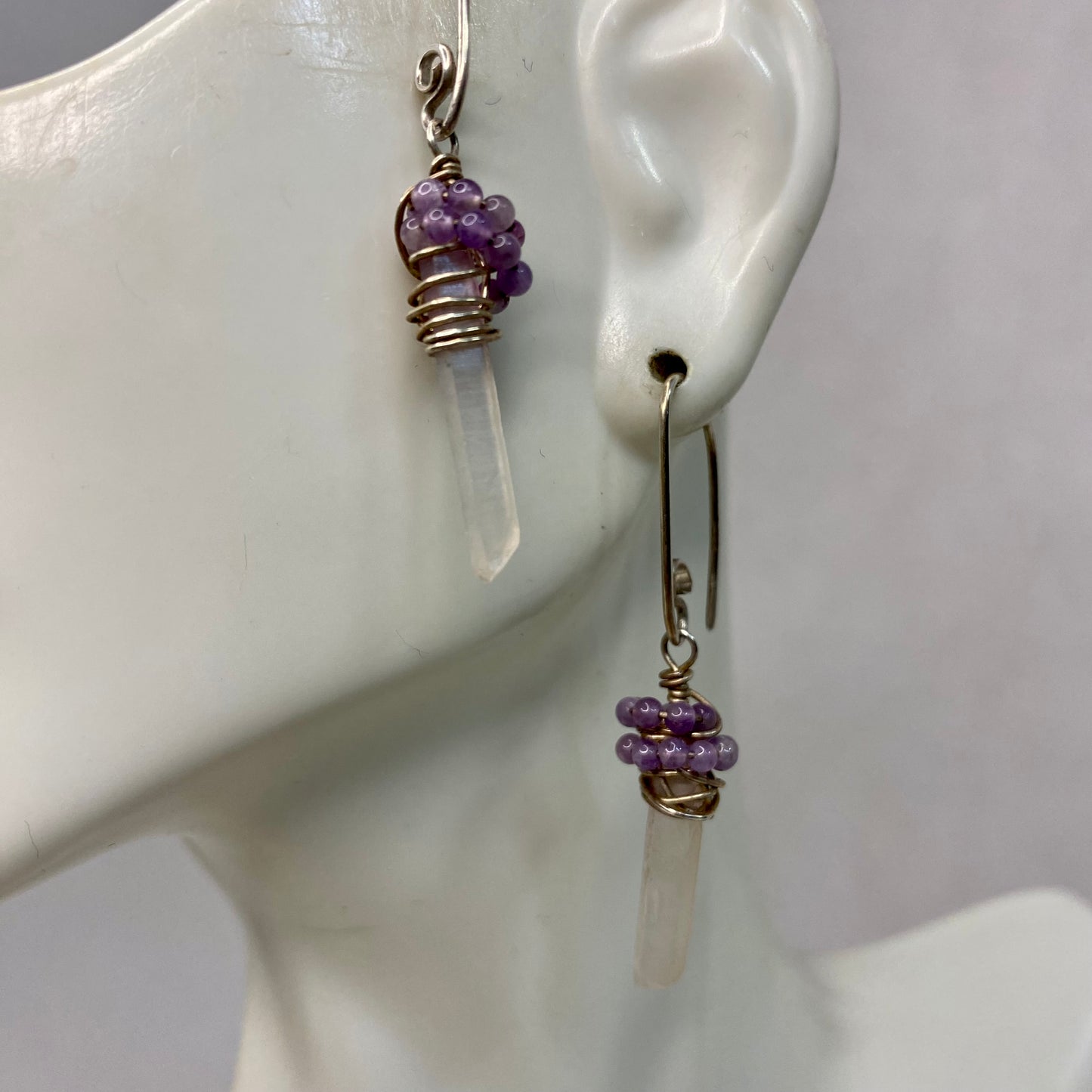 Quartz Crystal Point Earrings with Amethyst Wrapping by Hip Chick Glass, Sterling Silver Earrings, Handmade Gemstone Jewelry, February Birthstone Gift