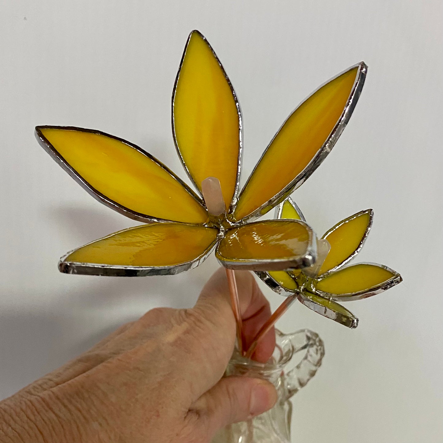 Yellow Glass Flower Plant Stakes by Hip Chick Glass | Stained Glass Flower Bouquet, Glass Flowers with Quartz Crystals on a Stem, Handmade Home Decor, Wedding Bouquet Keepsake, Tabletop Decor