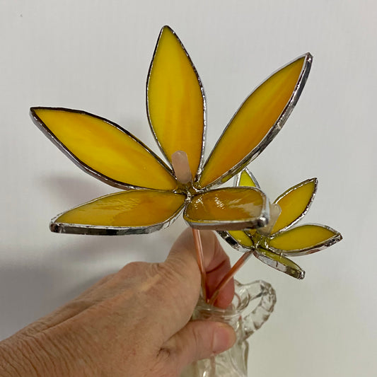 Yellow Glass Flower Plant Stakes by Hip Chick Glass | Stained Glass Flower Bouquet, Glass Flowers with Quartz Crystals on a Stem, Handmade Home Decor, Wedding Bouquet Keepsake, Tabletop Decor