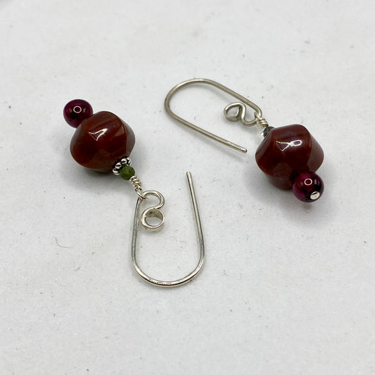 Garnet & Rhodonite Dangle Earrings by Hip Chick Glass, Sterling Silver Earrings, Handmade Gemstone Jewelry, Handmade Jewelry Gift, Birthstone Earrings