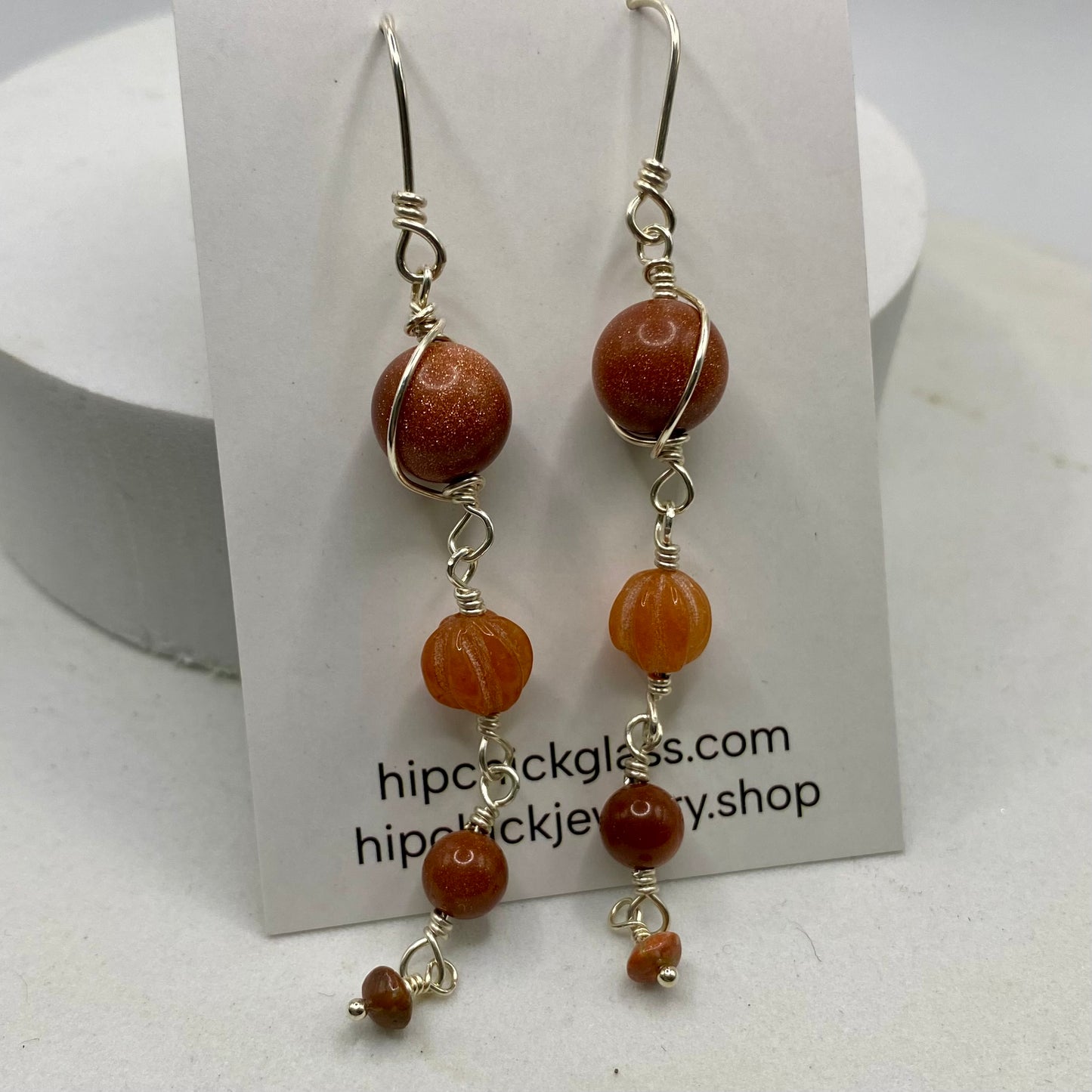 Long Boho Orange Gemstone Earrings by Hip Chick Glass, Sterling Silver Earrings, Handmade Gemstone Jewelry, Goldstone, Carnelian, Unakite
