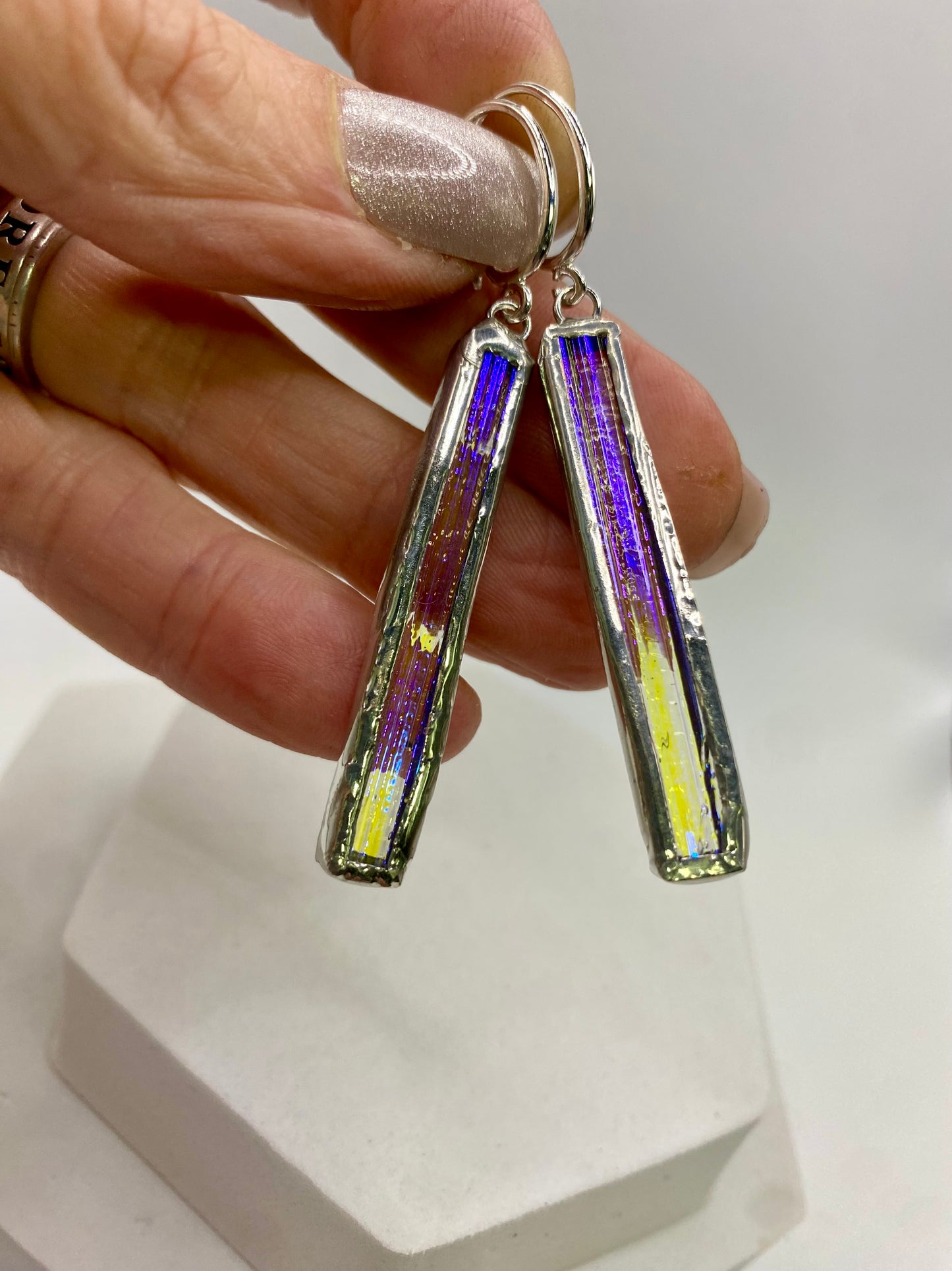 Luminous Stick Earrings | Dichroic Glass Earrings by Hip Chick Glass, Handmade Dangle & Drop Earrings, Iridescent Glass Earrings, Handmade Jewelry