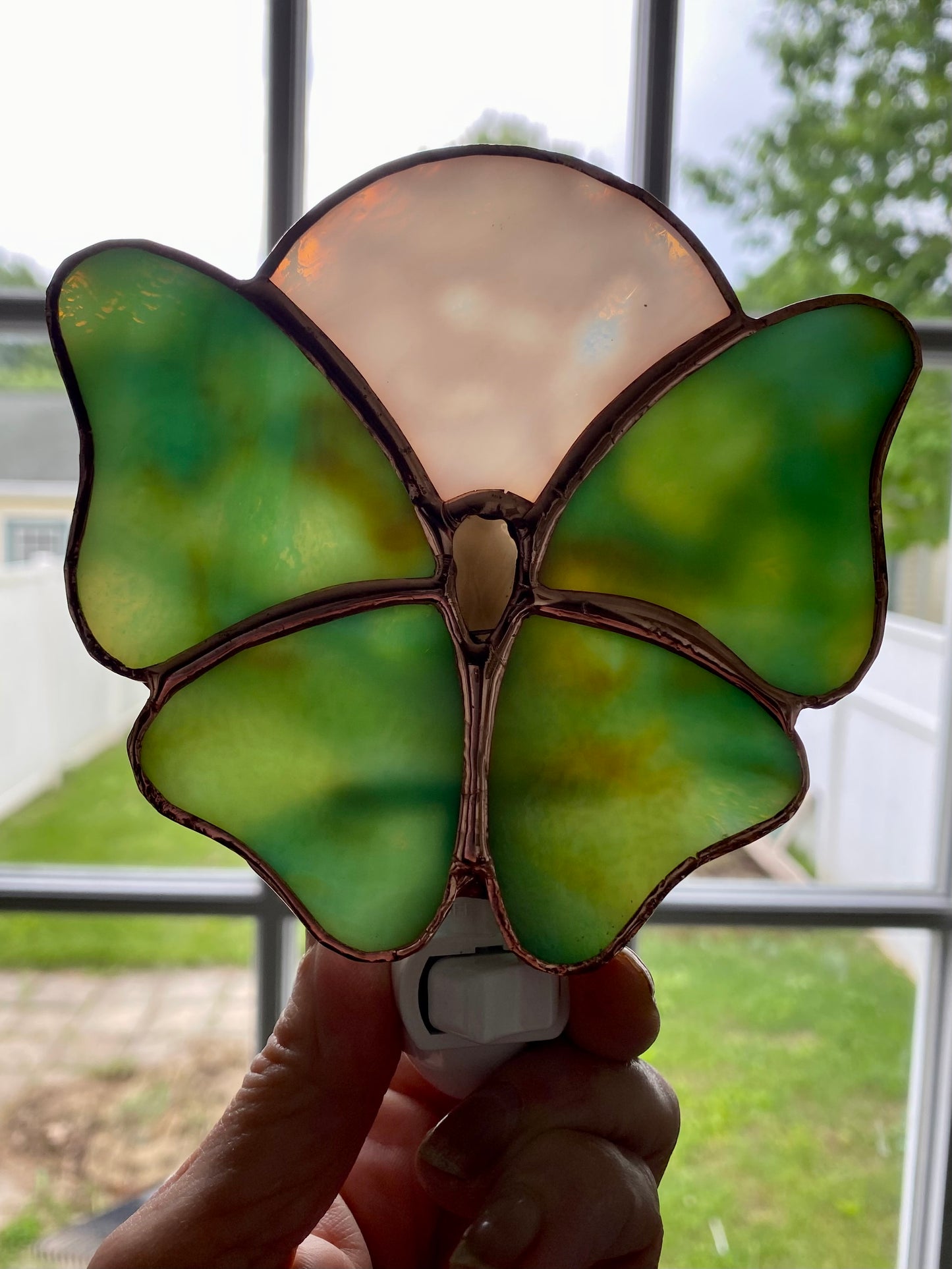 Green Butterfly Nightlightwith Smoky Quartz under a white moon | Gretchen Shutt | Hip Chick Glass, LLC