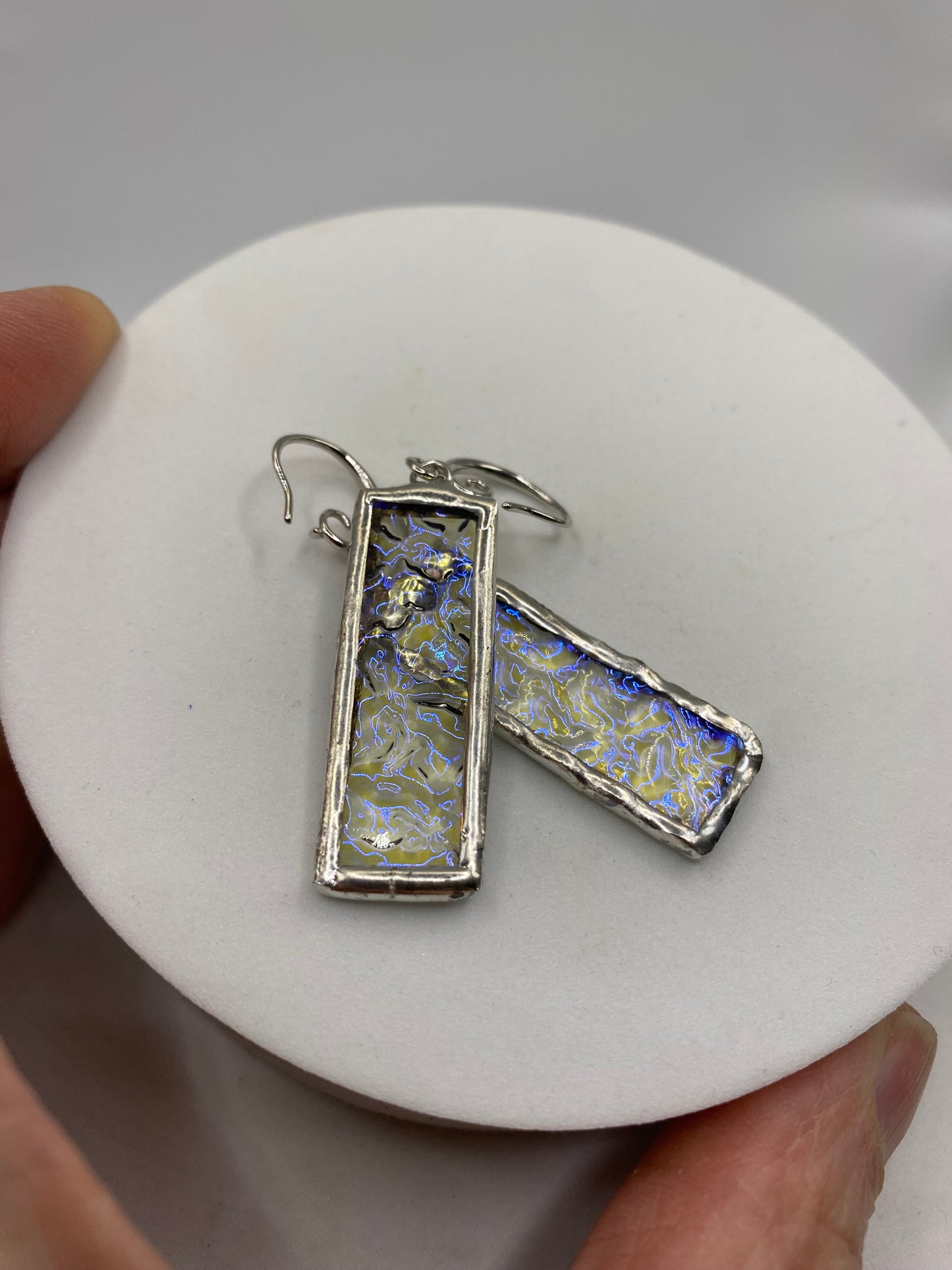Iridescent Rectangle Earrings | Stained Glass Earrings by Hip Chick Glass, Stained Glass Dangle Drop Earrings, Stained Glass Earrings