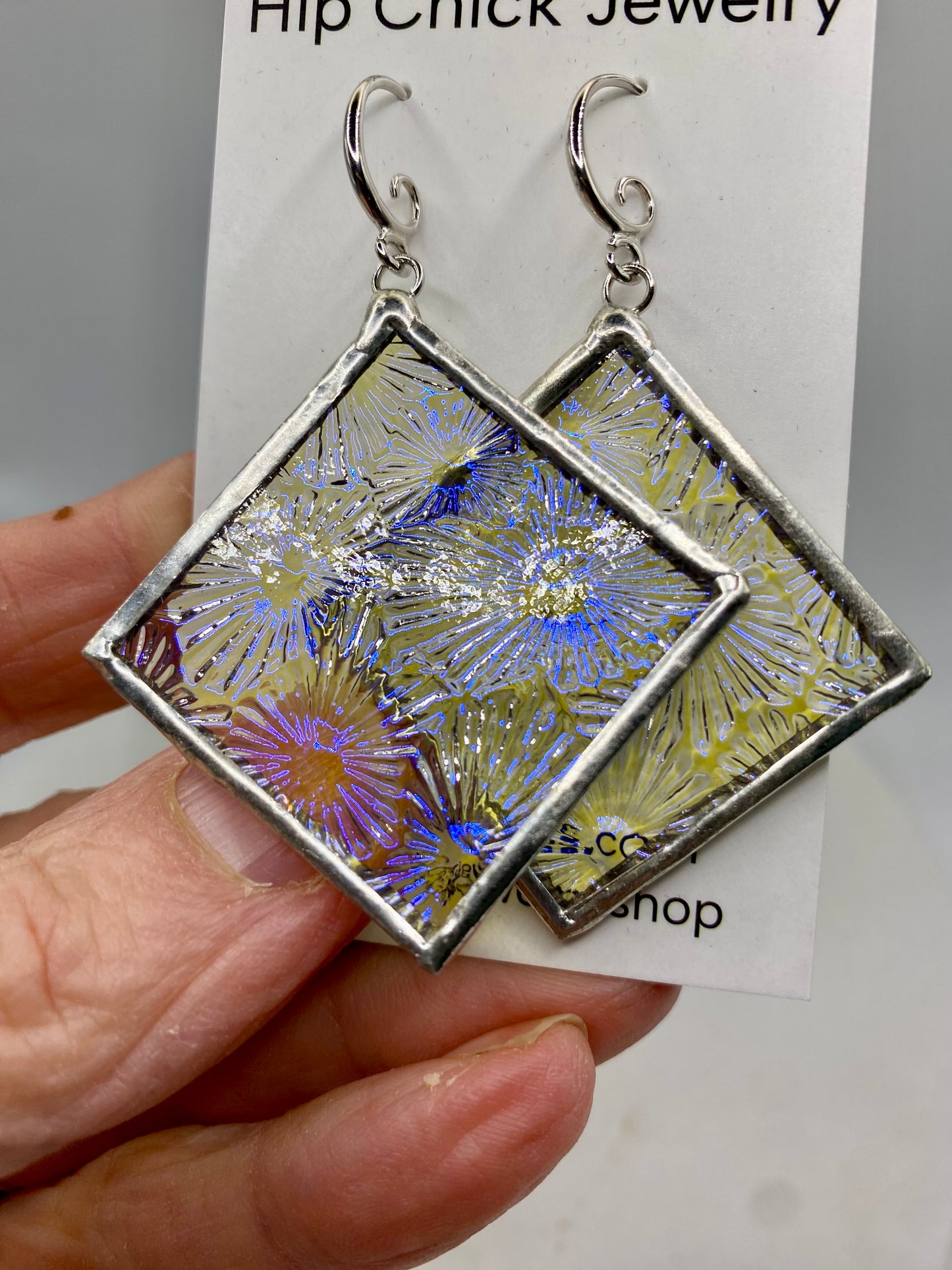 Blue Snowflake Square Earrings | Stained Glass Earrings by Hip Chick Glass, Stained Glass Dangle Drop Earrings, Stained Glass Earrings