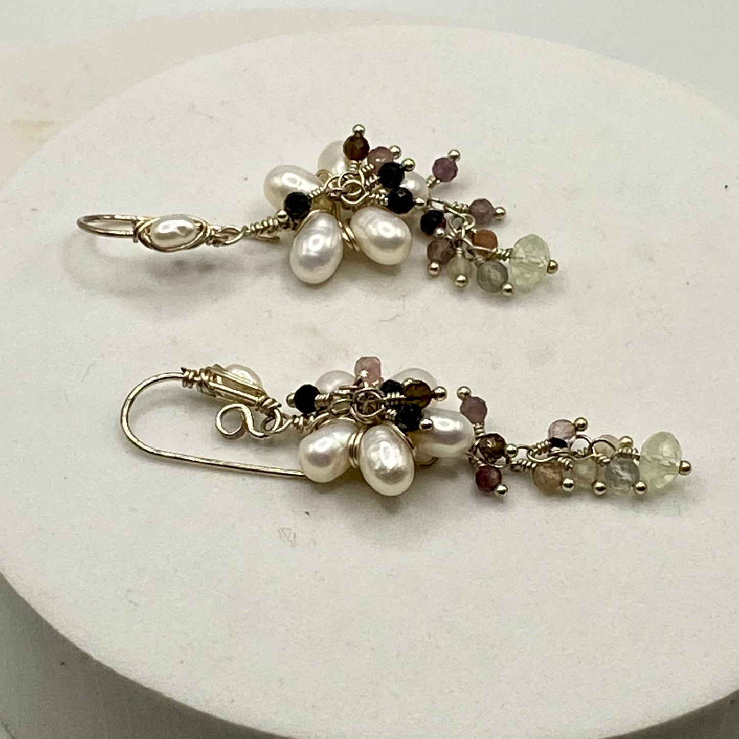 Pearl, Prenite & Watermelon Tourmaline Flower Earrings by Hip Chick Glass, Sterling Silver Wire Wrap Earrings, Handmade Gemstone Jewelry, June Birthstone Gift