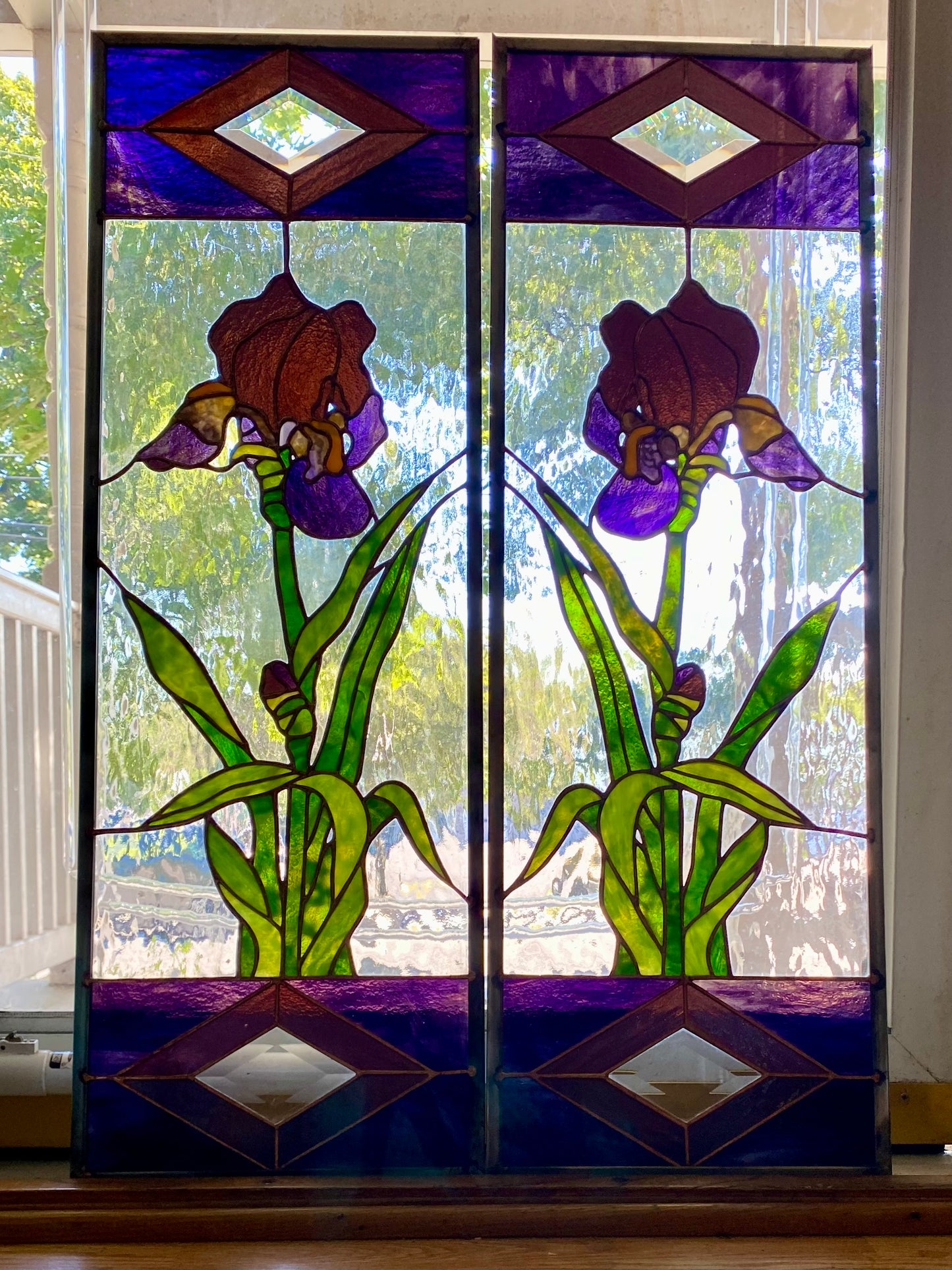 Iris Double Stained Glass Panels by Hip Chick Glass LLC.