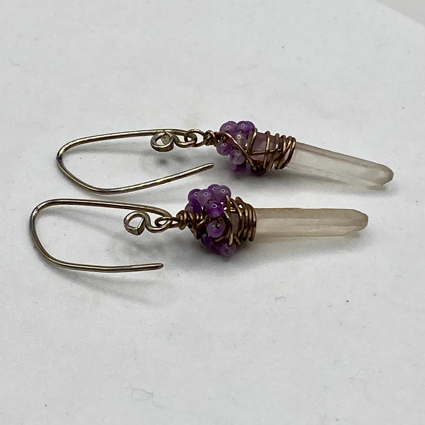 Quartz Crystal Point Earrings with Mini Amethyst Beads by Hip Chick Glass, Sterling Silver Gemstone Earrings, Handmade Boho Jewelry, February Birthstone Gift