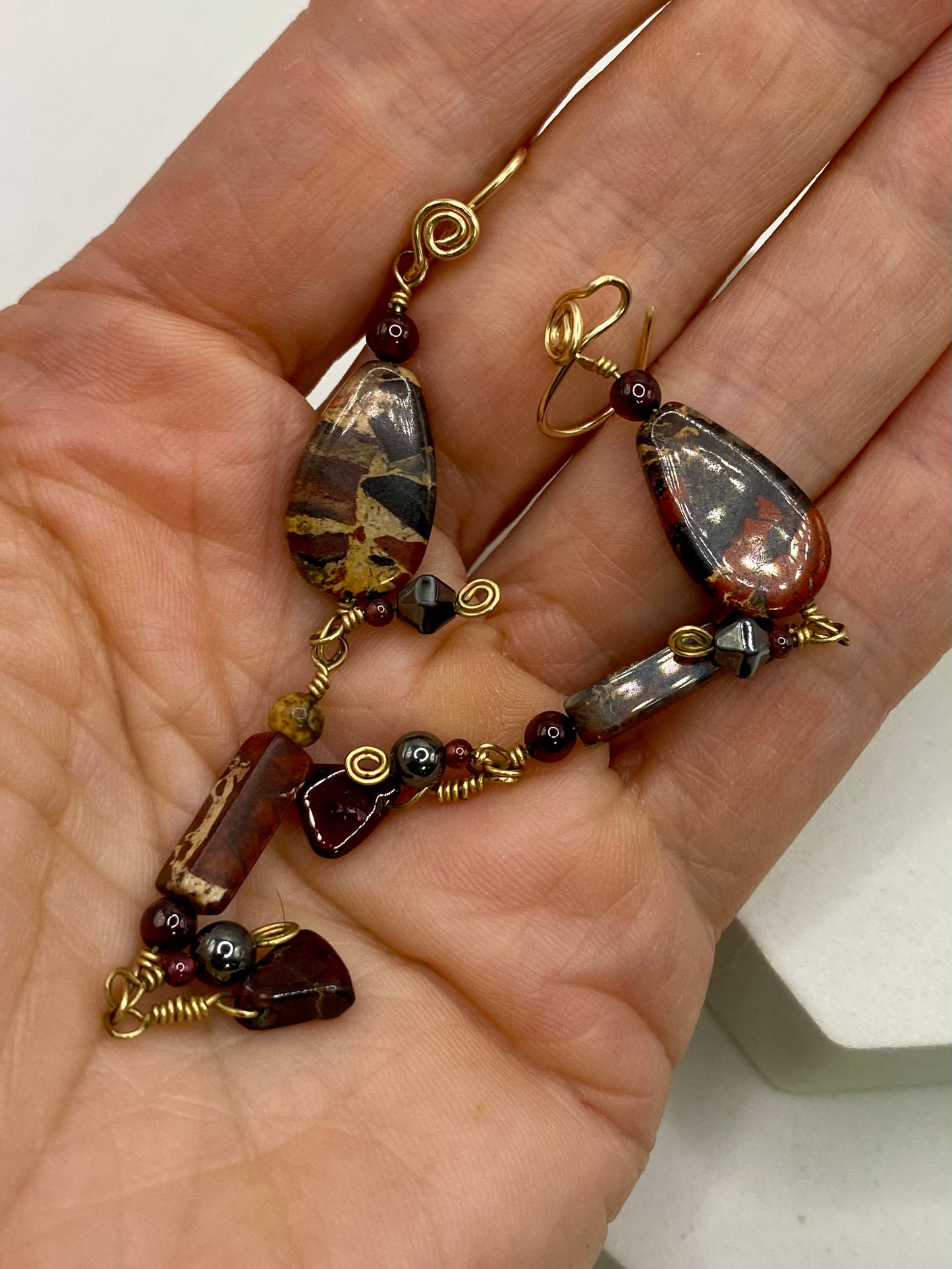 Jasper Hematite Garnet Gold Dangle Earrings by Hip Chick Glass, 14 Karat Gold Fill Earrings, Handmade Gemstone Jewelry, Birthstone Gift