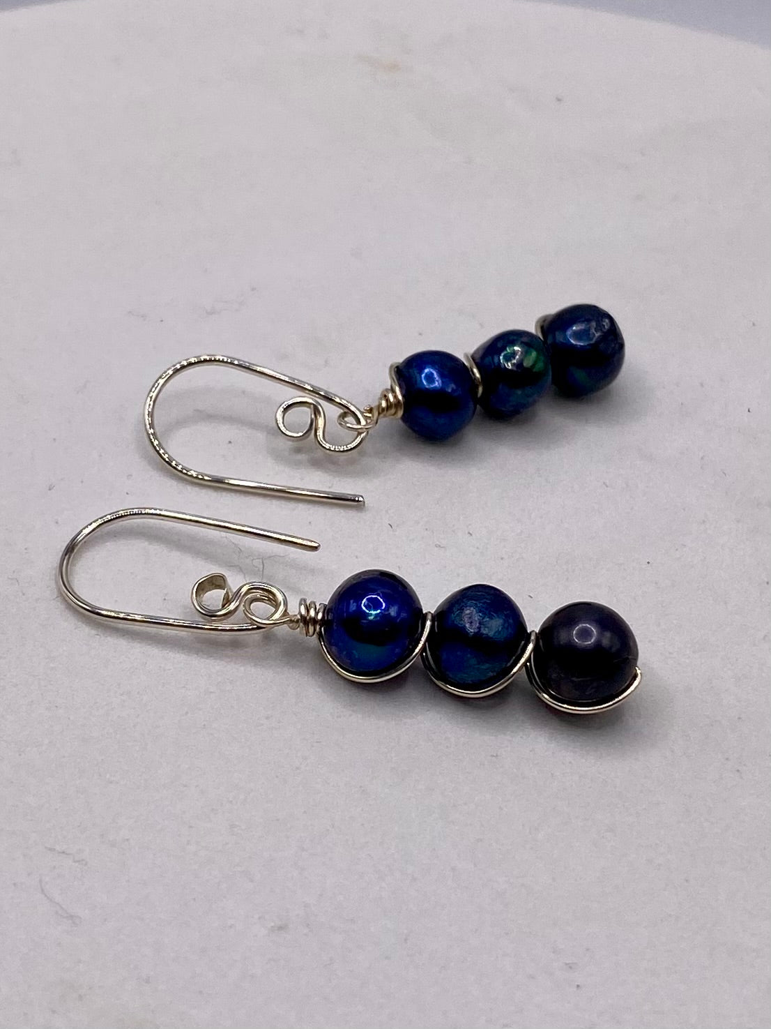 Blue Pearl Triple Wrap Sterling Silver Earrings by Hip Chick Glass, Sterling Silver Earrings, Handmade Gemstone Jewelry, June Birthstone Gift