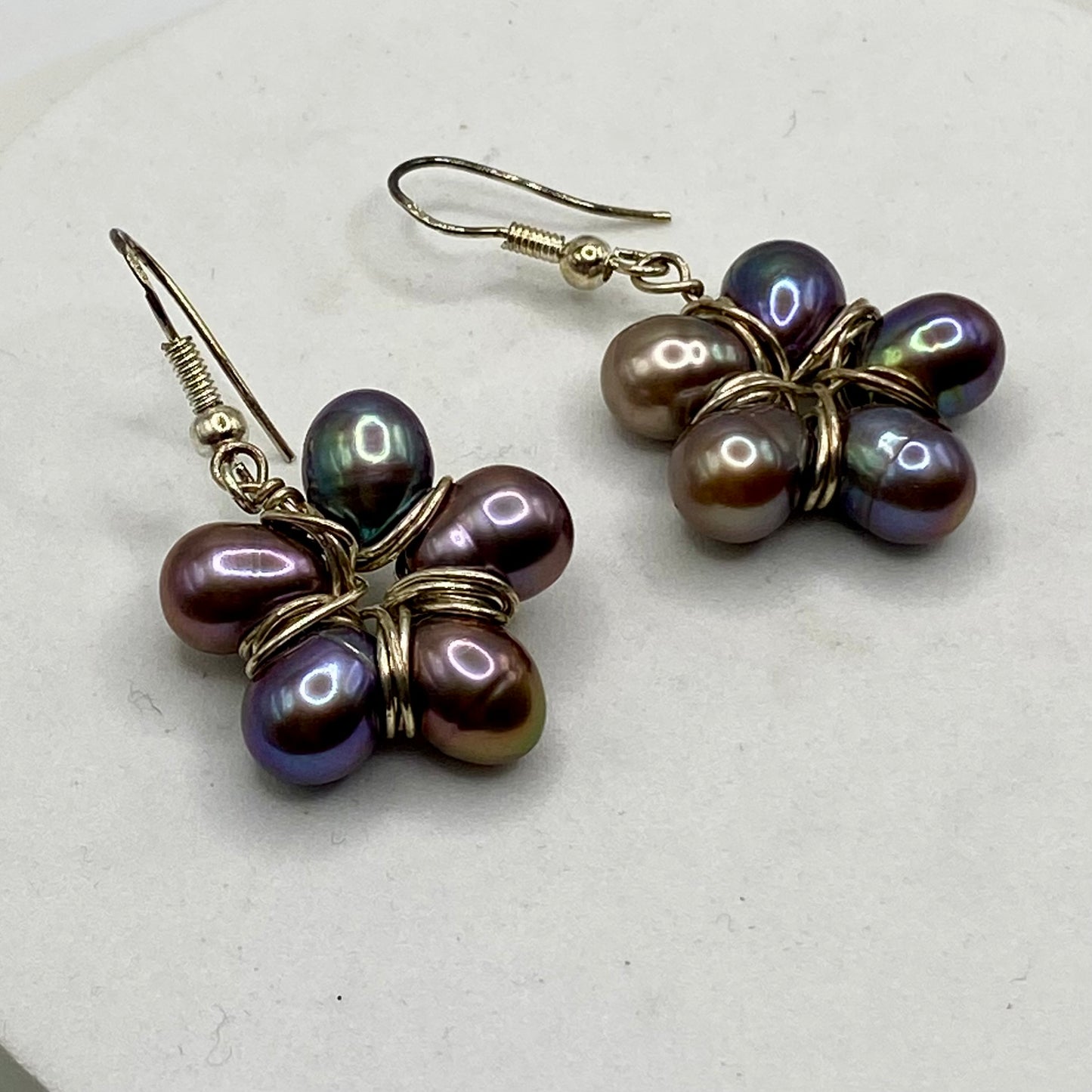 Black Pearl Flower Earrings by Hip Chick Glass, Sterling Silver Wire Wrap Earrings, Handmade Gemstone Jewelry, June Birthstone Gift