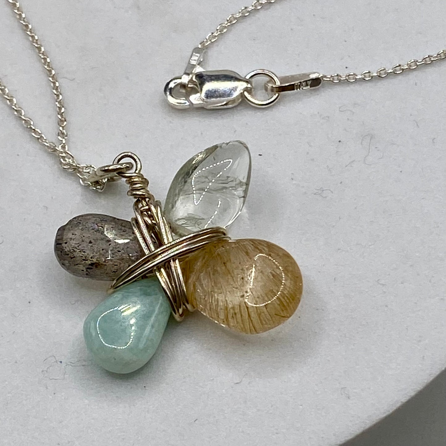 Quartz, Prehnite, Labradorite, Amazonite Gemstone Pendant by Hip Chick Glass, Handmade Sterling Silver Jewelry, Handmade Gemstone Jewelry, Silver Wire Wrap Pendant Necklace