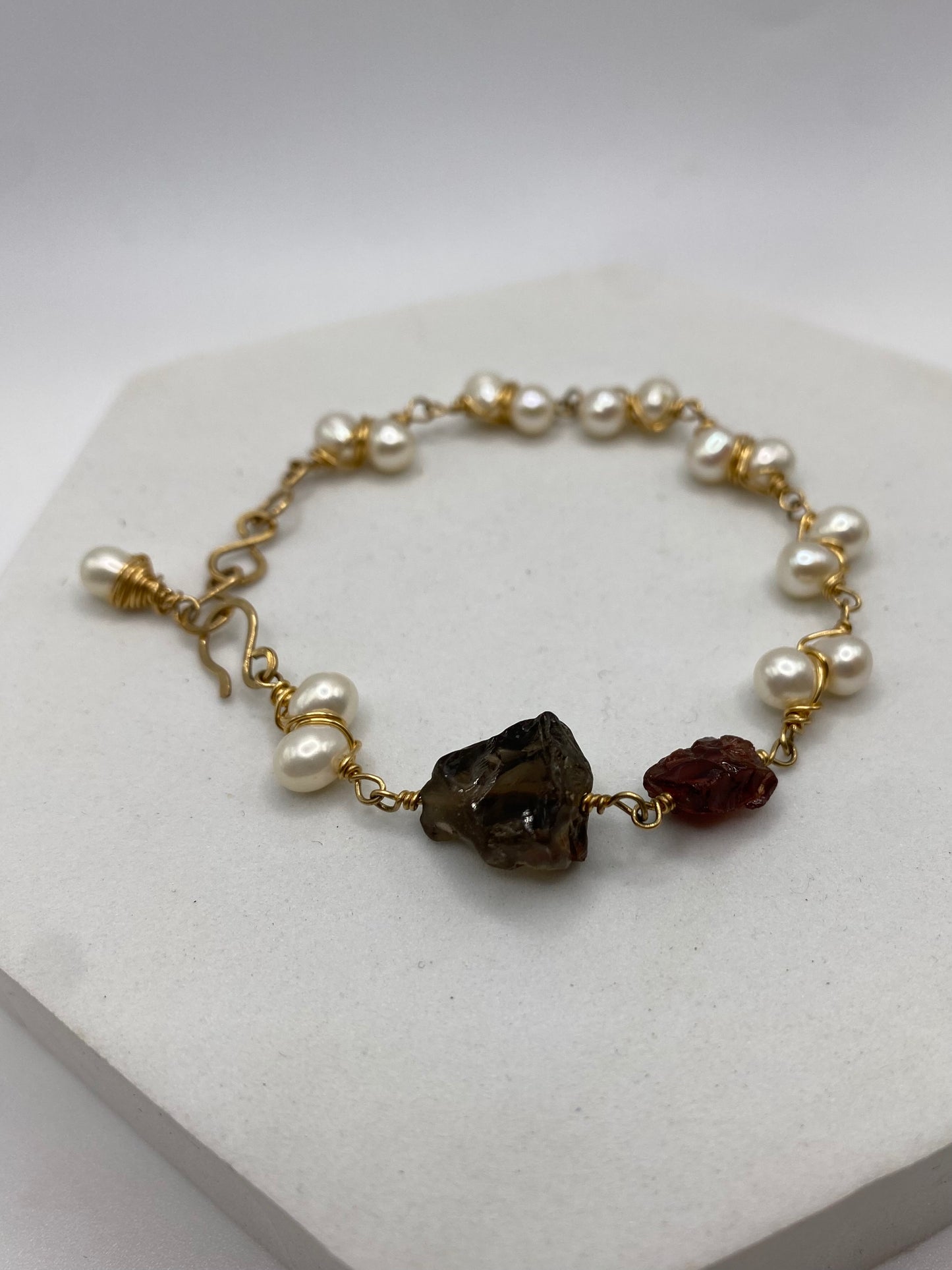 Gold Pearl, Raw Smoky Quartz & Raw Garnet Bracelet by Hip Chick Glass, Handmade Gold Fill Wire Wrap Jewelry, Handmade Gemstone Bracelet, June & January Birthstone Gift