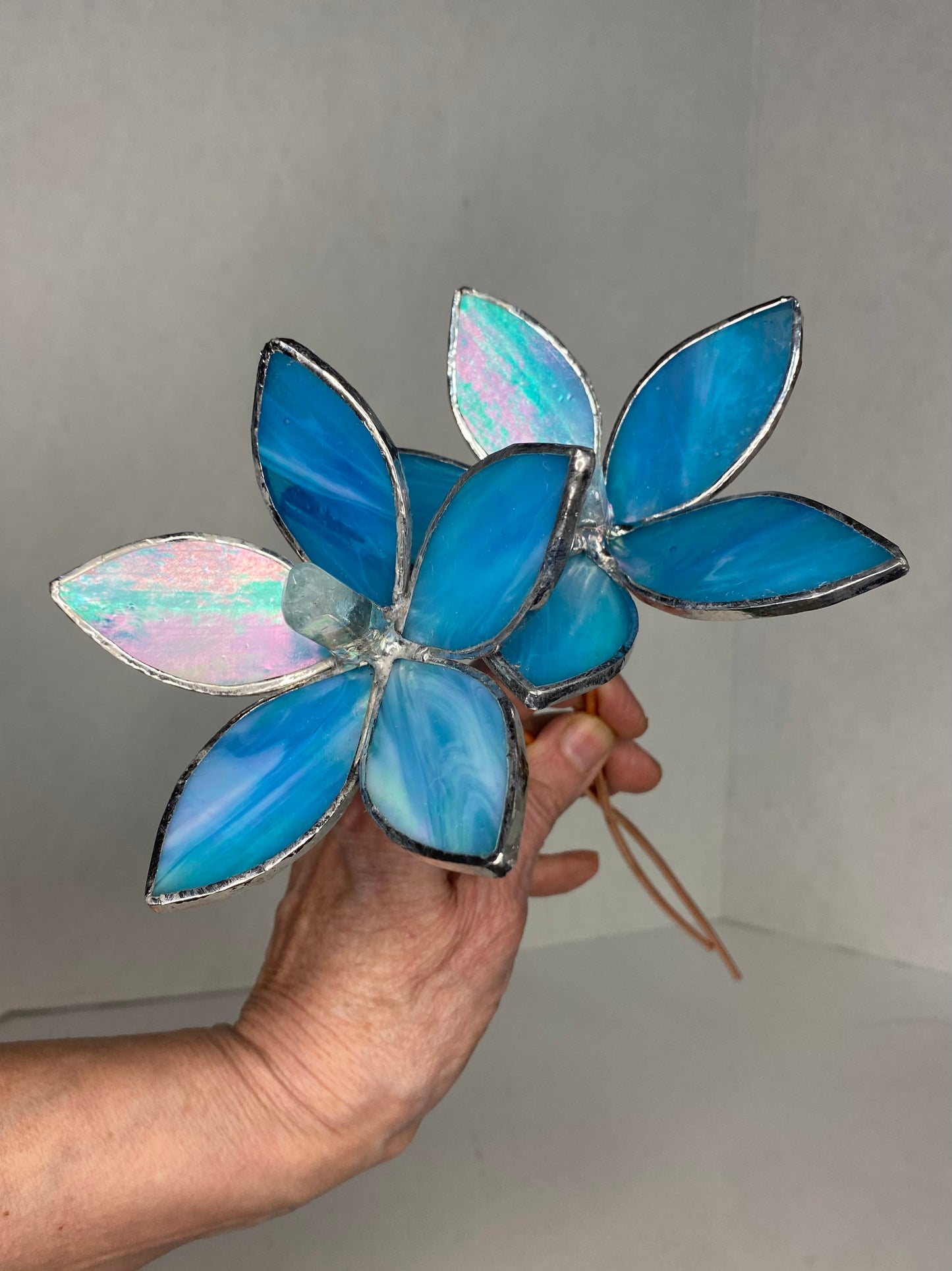 Iridescent Blue Glass Flower Plant Stakes by Hip Chick Glass, Stained Glass Flower Bouquet, Stained Glass Flower on a Stem, Handmade Home Decor, Wedding Bouquet Keepsake, Tabletop Decor