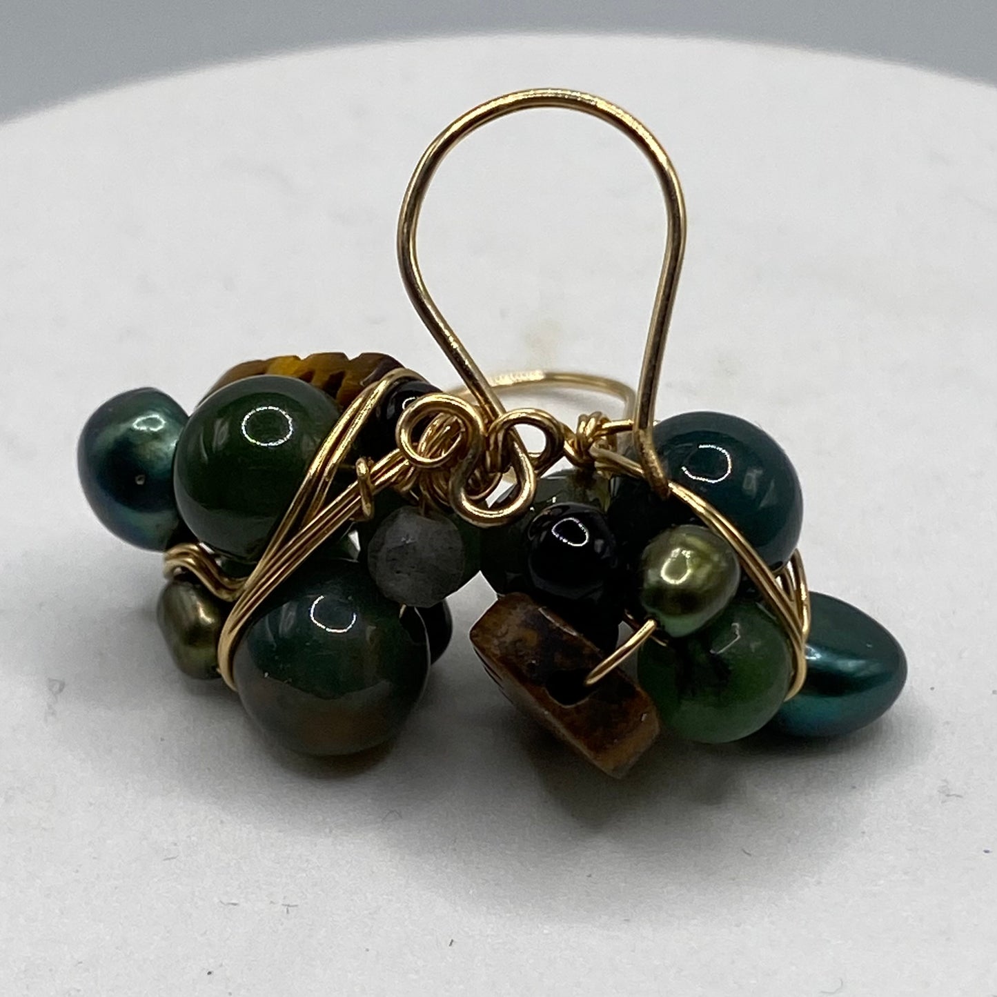 OOAK Green Wire Wrap Cluster Earrings by Hip Chick Glass, 14 Karat Gold Fill Earrings, Handmade Gemstone Jewelry, Birthstone Gift