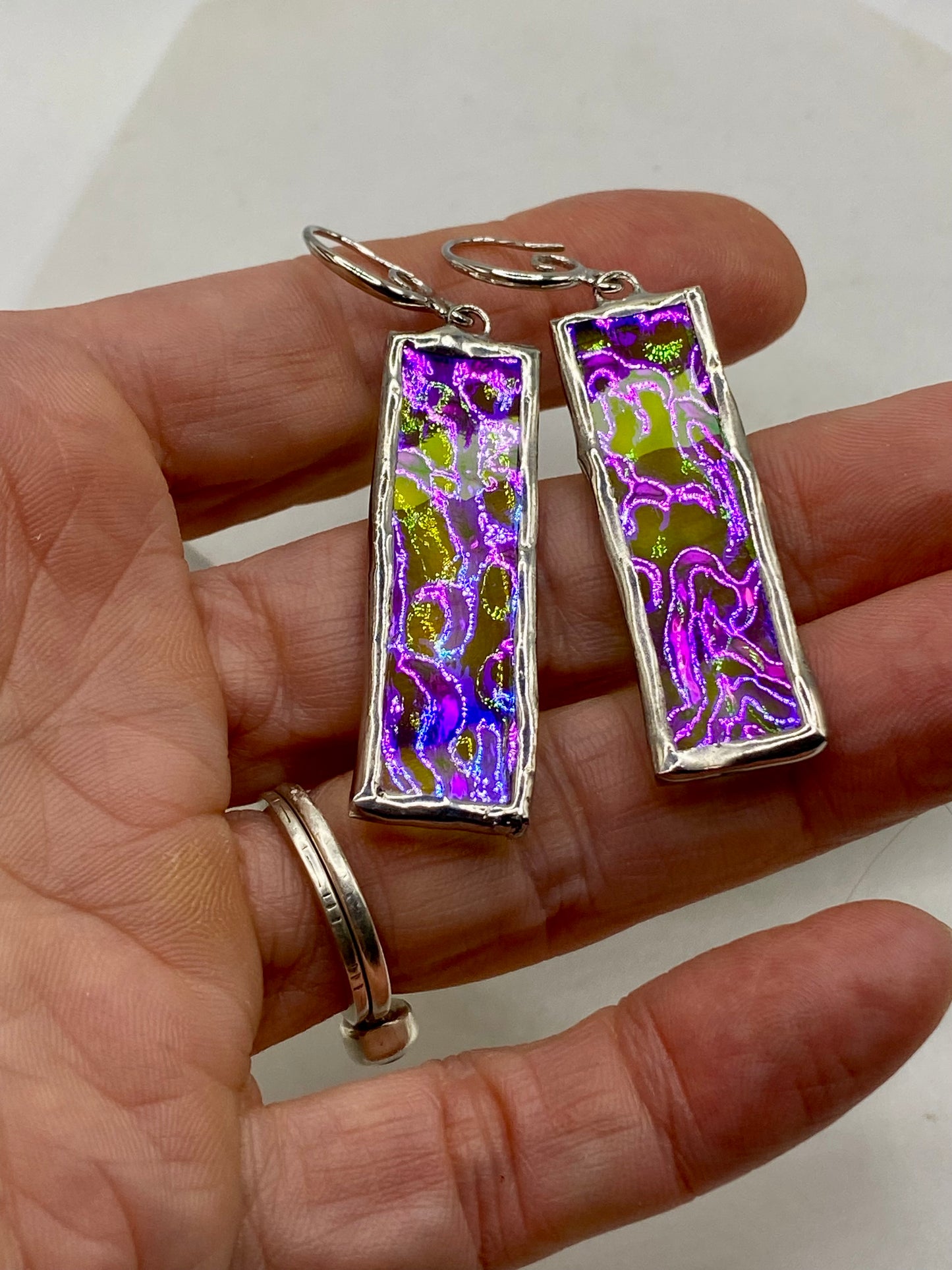 Purple & Clear Wavy Rectangle Earrings | Stained Glass Earrings by Hip Chick Glass, Iridescent Statement Earrings, Geometric Earrings