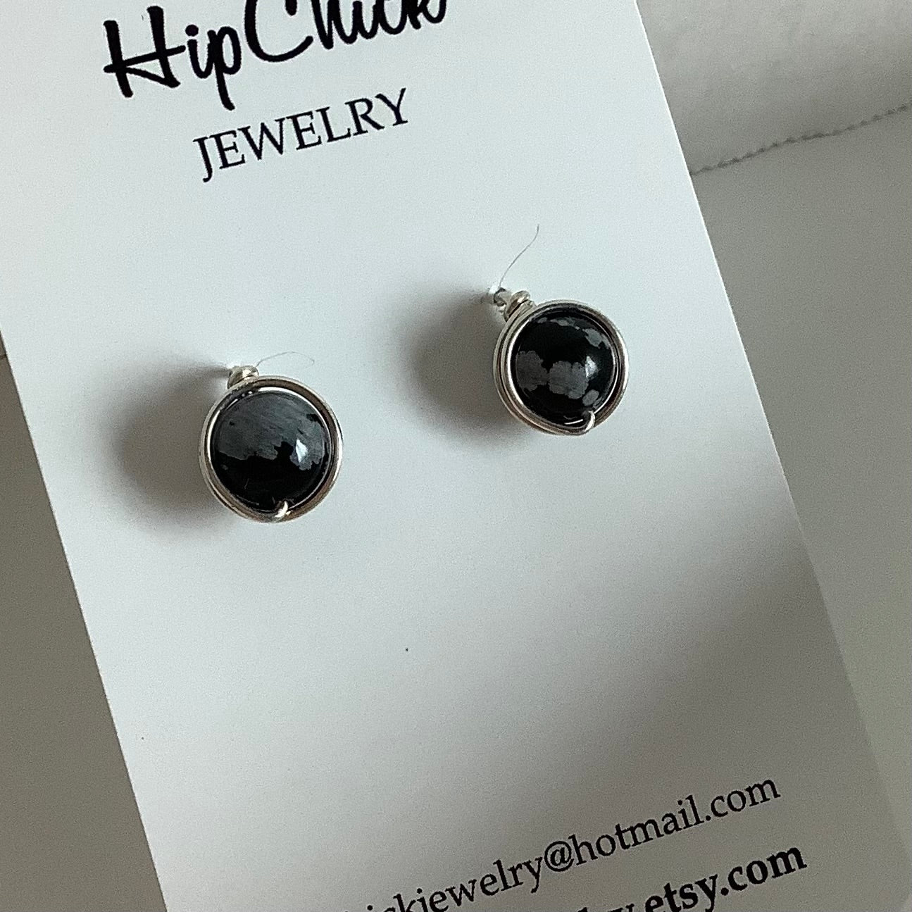 Snowflake Obsidian Stud Earrings by Hip Chick Jewelry, Snowflake Obsidian Studs, Snowflake Obsidian Earrings, Silver Snowflake Obsidian Earrings, Handmade Earrings