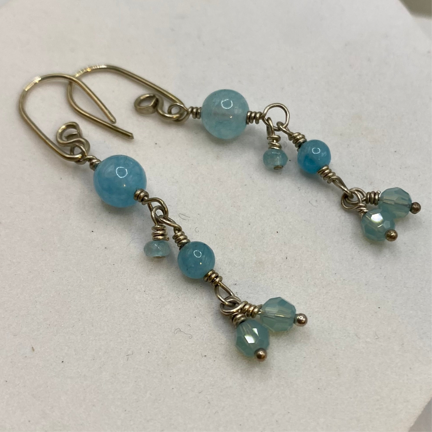 Aquamarine, Angelite & Swarovski Crystal Earrings by Hip Chick Glass, Sterling Silver Wire Wrap Earrings, Handmade Gemstone Jewelry, March Birthstone