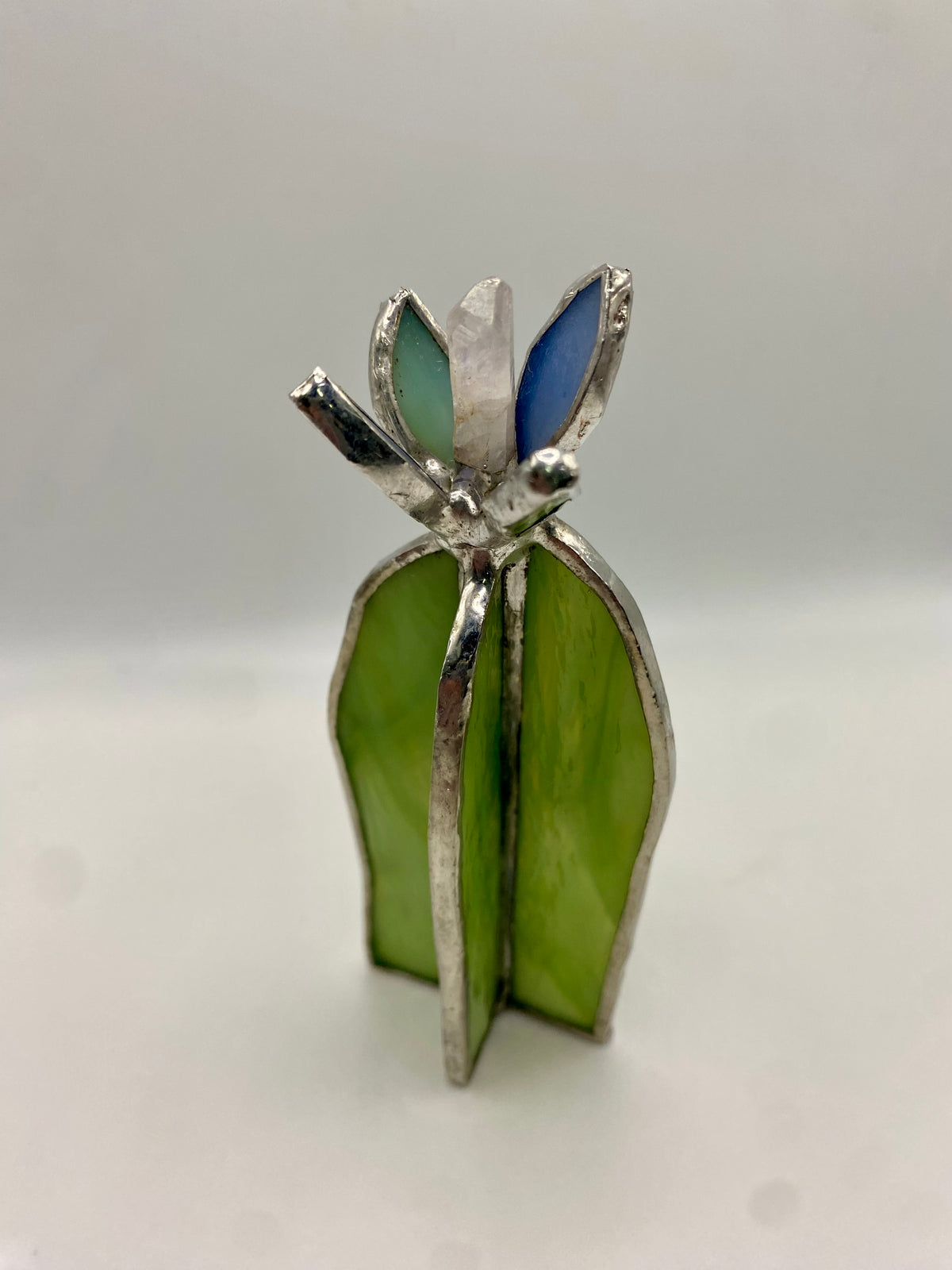 Stained Glass Cactus with Quartz Crystal Point & Flower by Hip Chick Glass, Handmade Home Decor, Tabletop Glass Cactus, Handmade Gift