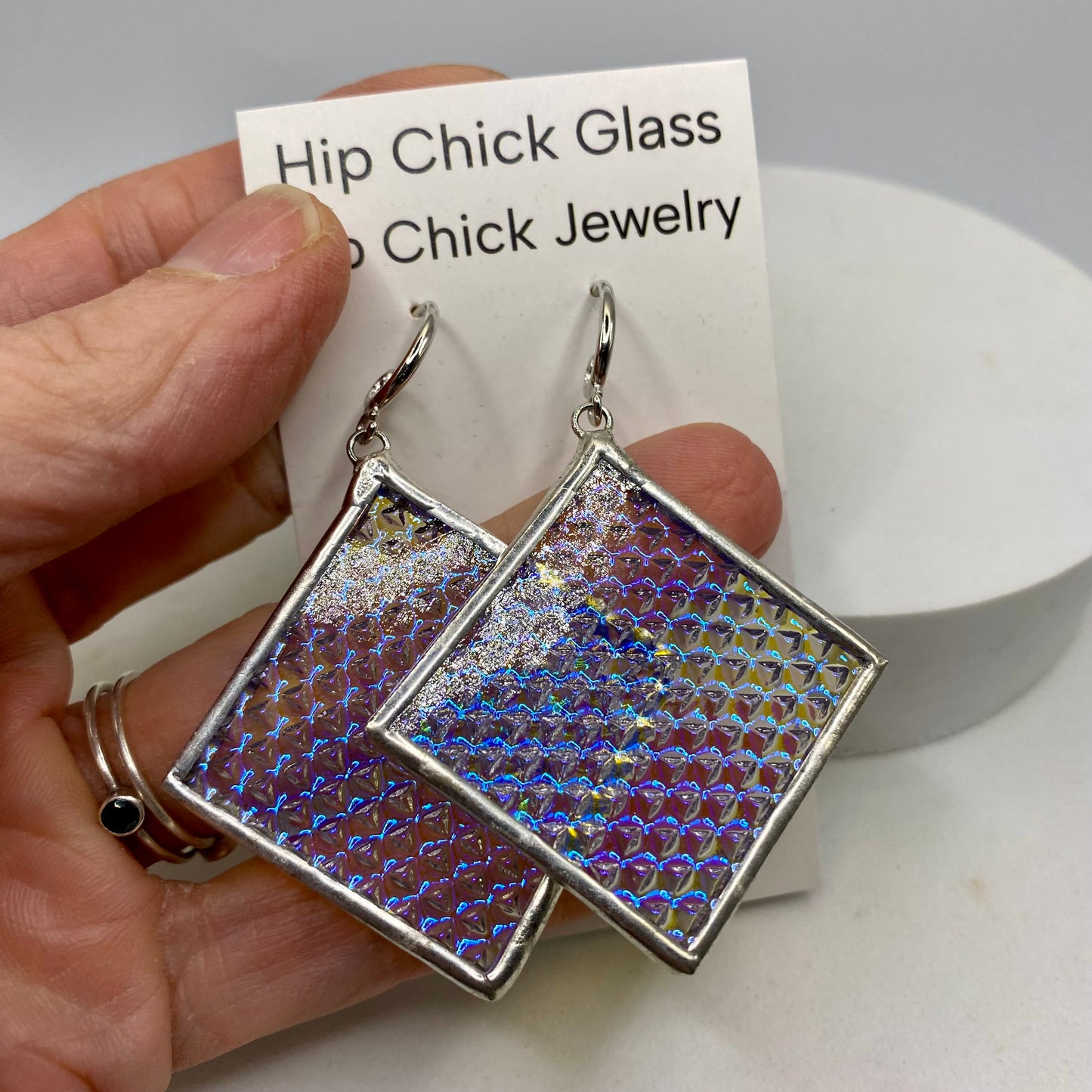 Blue Microdot Square Earrings | Stained Glass Earrings by Hip Chick Glass, Stained Glass Dangle Drop Earrings, Stained Glass Earrings