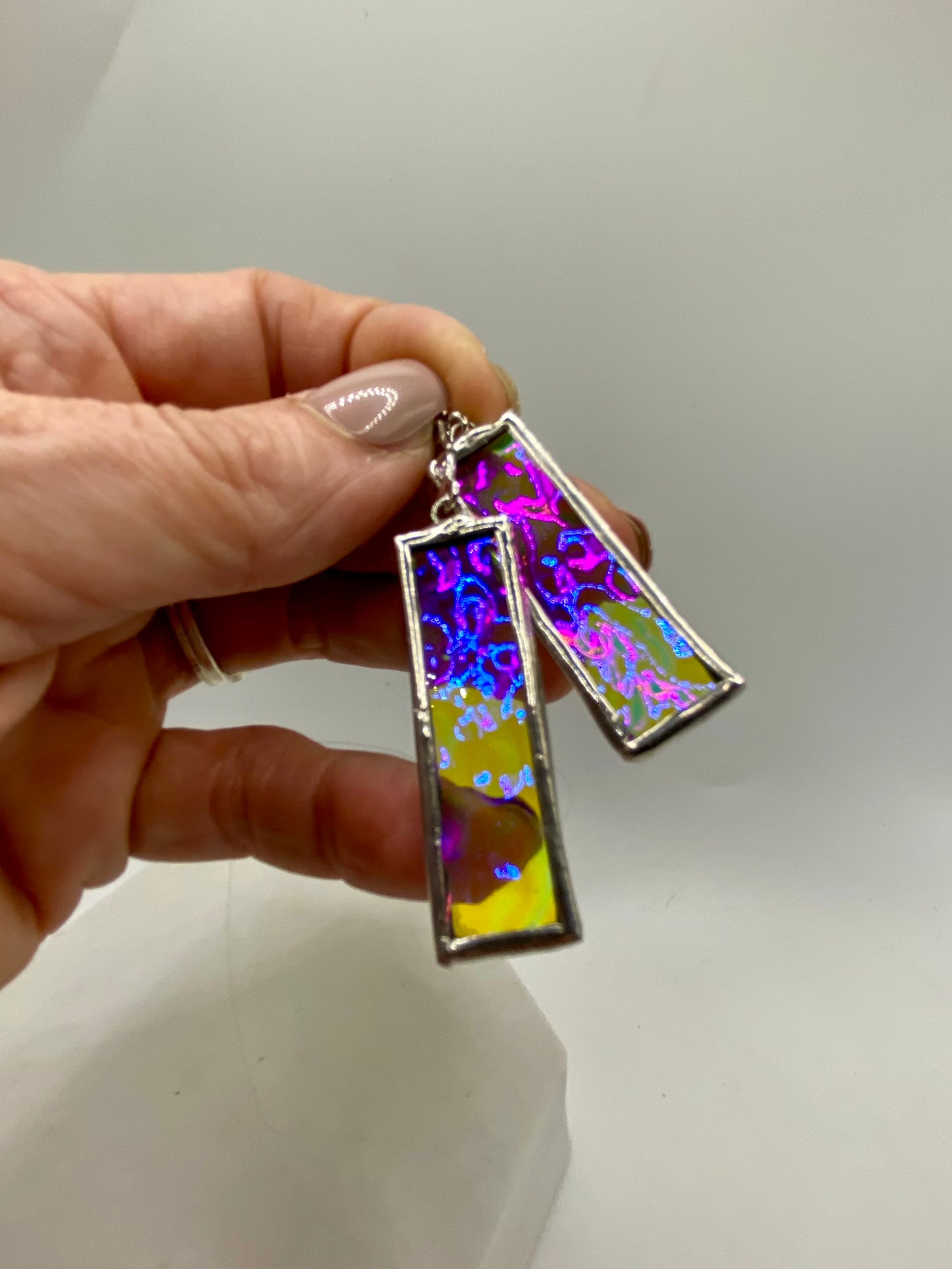 Purple & Clear Wavy Rectangle Earrings | Stained Glass Earrings by Hip Chick Glass, Iridescent Statement Earrings, Geometric Earrings
