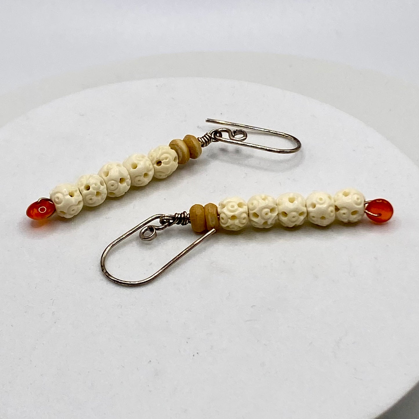Carnelian, Carved Bone & Seed Earrings by Hip Chick Glass, Sterling Silver Earrings, Handmade Gemstone Jewelry, Gift For Woman