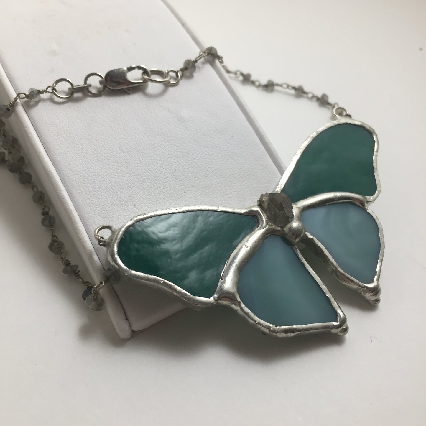 Teal Butterfly Necklace with Quartz & Labradorite by Hip Chick Glass, Handmade Stained Glass Art, Quartz Crystal Necklace