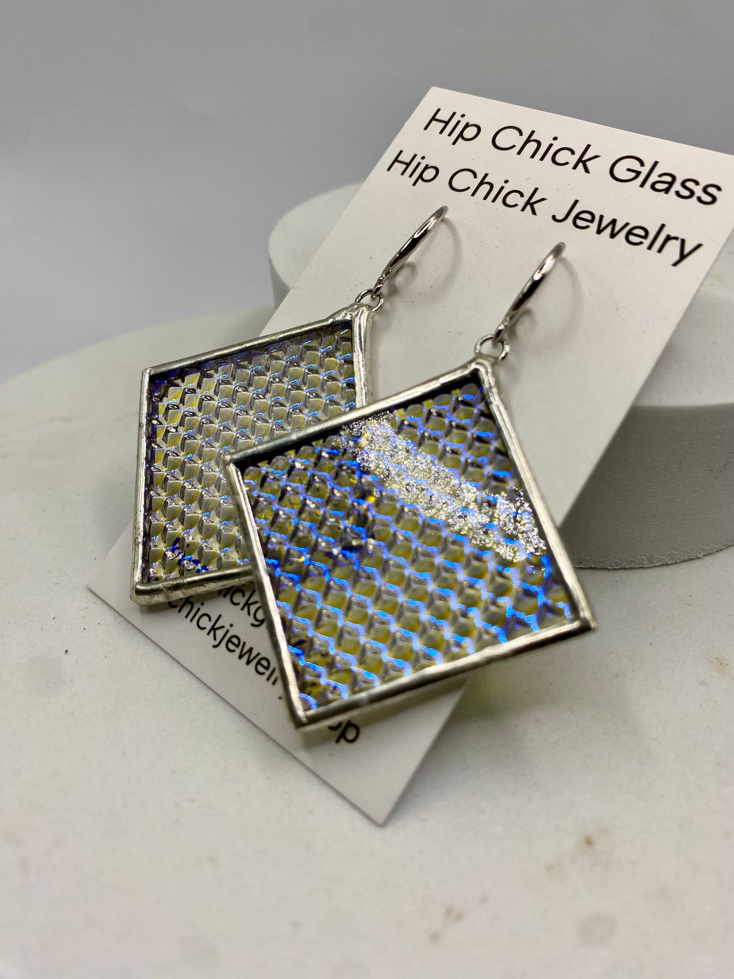 Blue Microdot Square Earrings | Stained Glass Earrings by Hip Chick Glass, Stained Glass Dangle Drop Earrings, Stained Glass Earrings