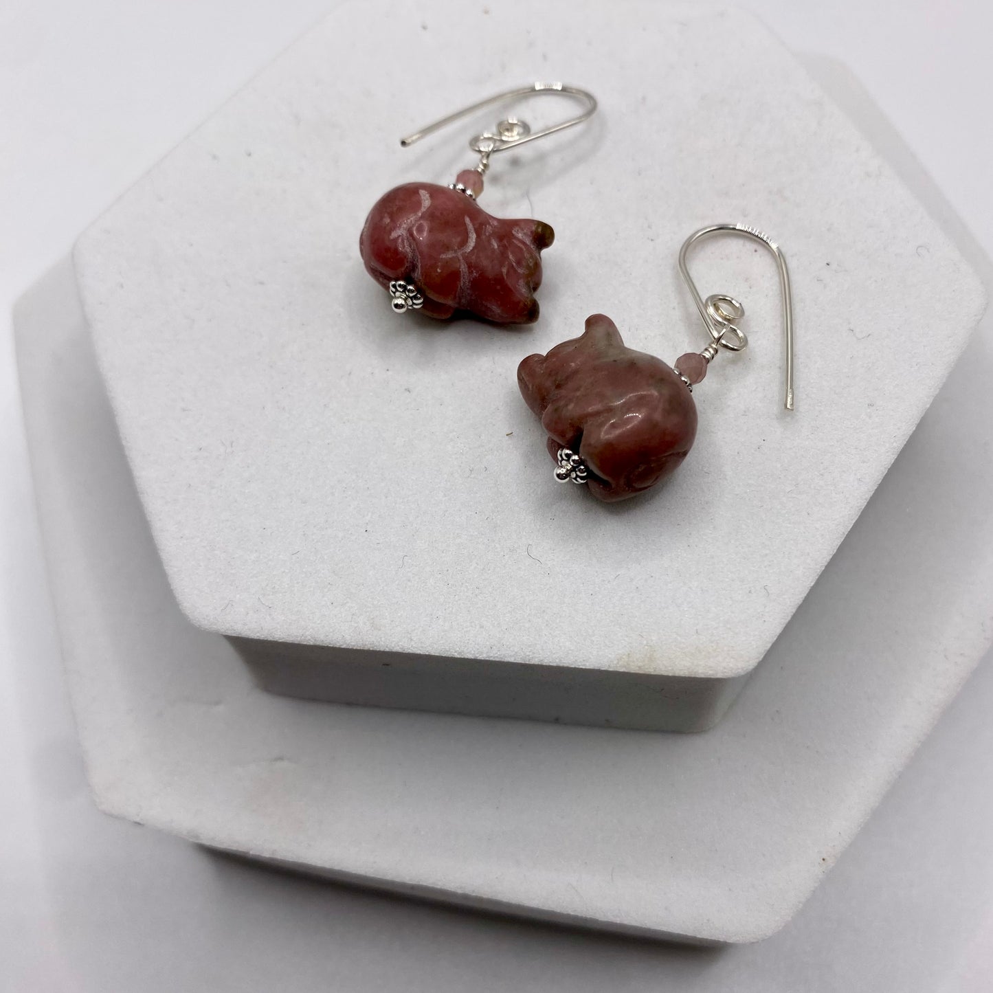 Carved Pig Earrings by Hip Chick Glass, Sterling Silver Earrings, Handmade Gemstone Jewelry, Handmade Jewelry Gift