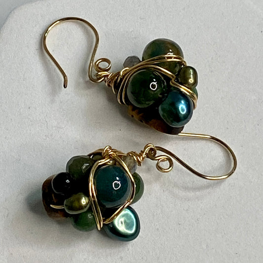 Green Gemstone Bead Wire Wrap Earrings by Hip Chick Glass, 14 Karat Gold Fill Earrings, Handmade Gemstone Jewelry, OOAK Birthstone Gift