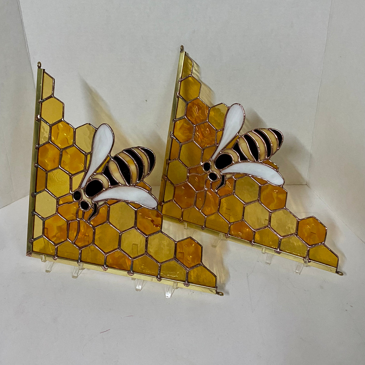 Honeybee Stained Glass Window Corner, Handmade Stained Glass Bee, Bee Stained Glass Window, Yellow Stain Glass Window by Hip Chick Glass