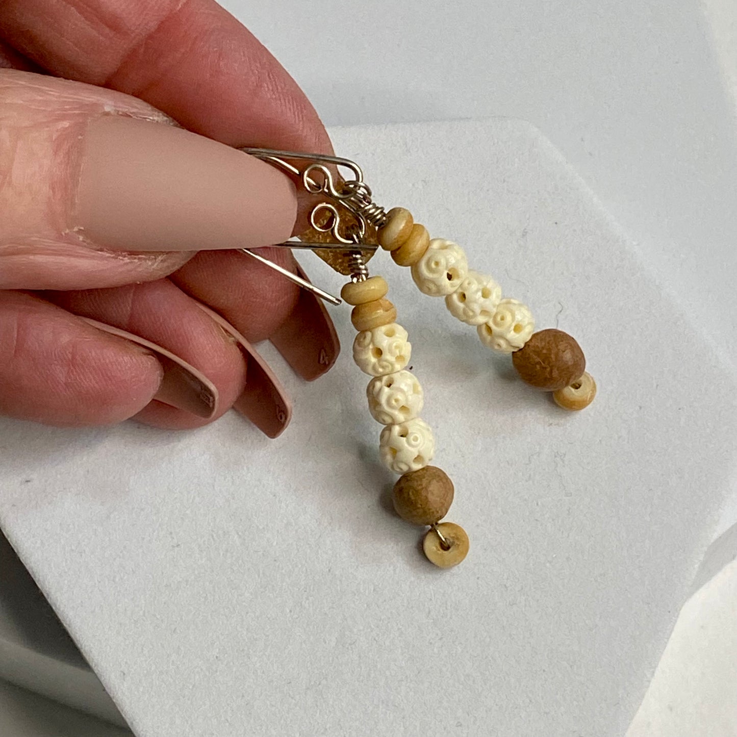 Carved Bone, Mud & Seed Bead Earrings by Hip Chick Glass, Sterling Silver Earrings, Handmade Gemstone Jewelry, Gift For Woman