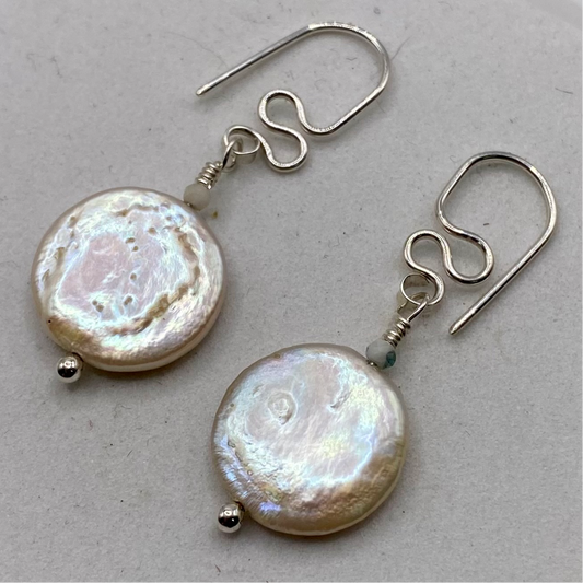 Coin Pearl Drop Earrings by Hip Chick Glass, Sterling Silver Earrings, Handmade Gemstone Jewelry, June Birthstone Gift