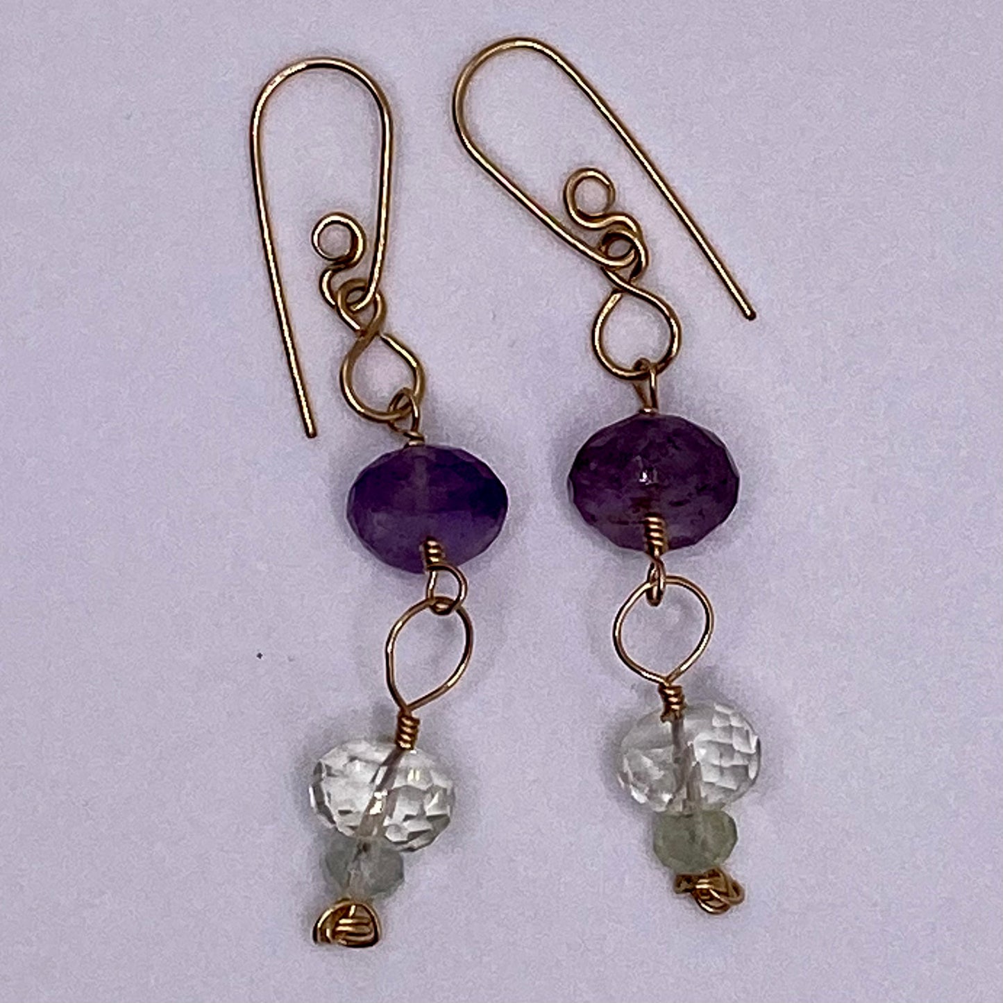 Green & Purple Amethyst Dangle Earrings by Hip Chick Glass, 14 Karat Gold Fill Earrings, Handmade Gemstone Jewelry, February Birthstone Gift