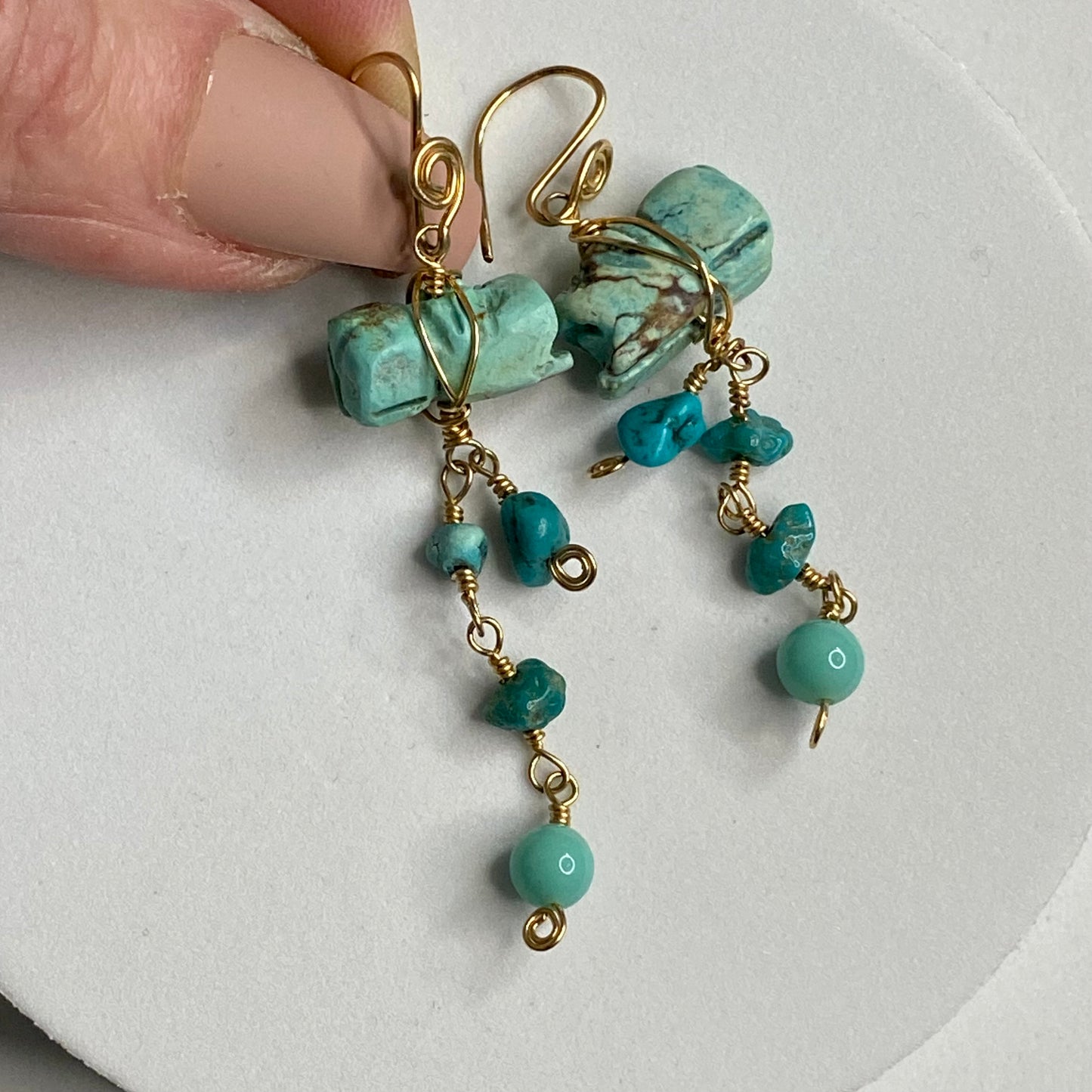 Turquoise & Vintage Glass Dangle Earrings by Hip Chick Glass, 14 Karat Gold Fill Earrings, Handmade Gemstone Jewelry, Birthstone Gift