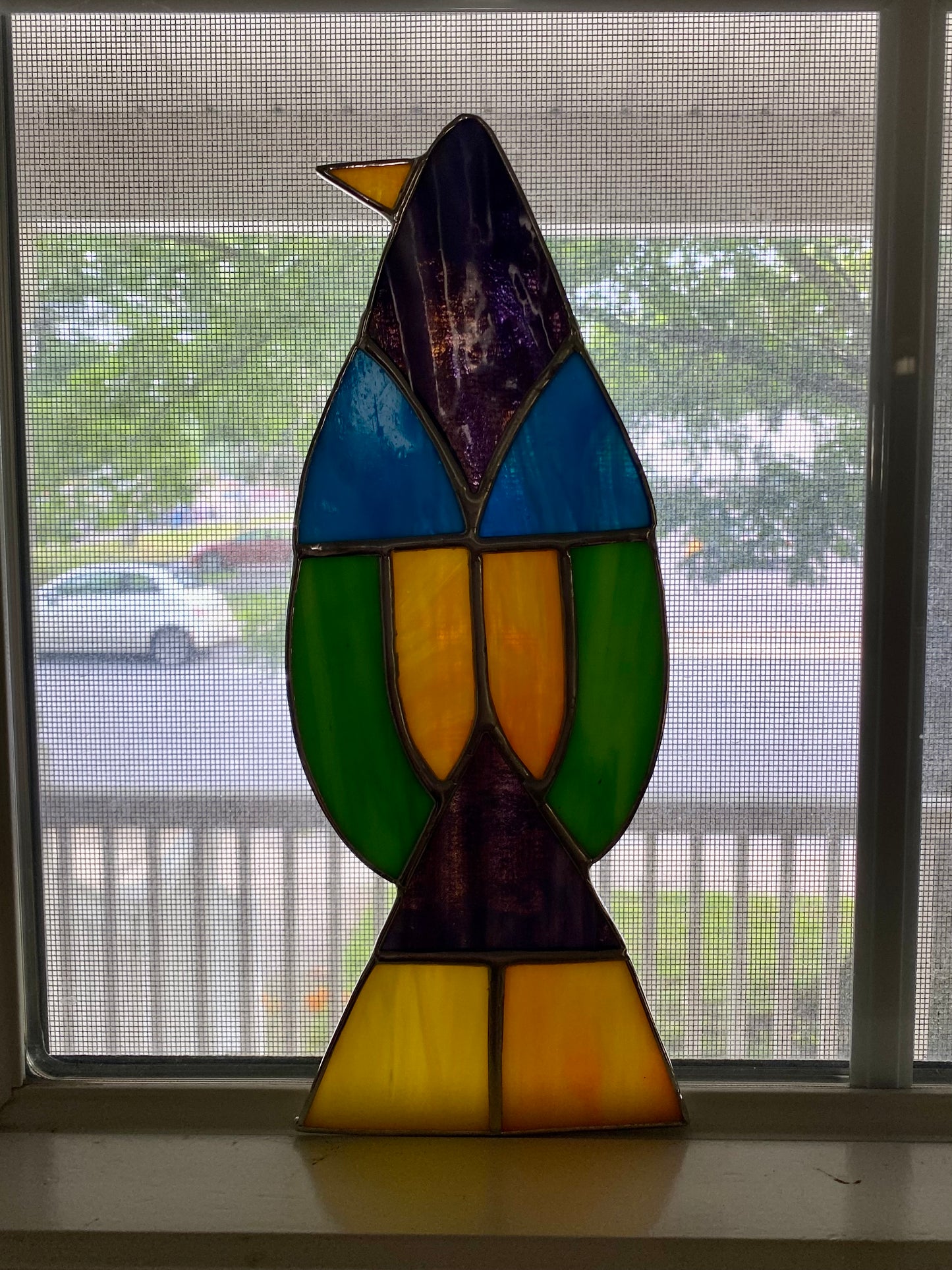 GEOMETRIC SITTING Bird Suncatcher | Stained Glass Suncatcher by Hip Chick Glass | Glass Art Bird | Colorful Bird Window Decor