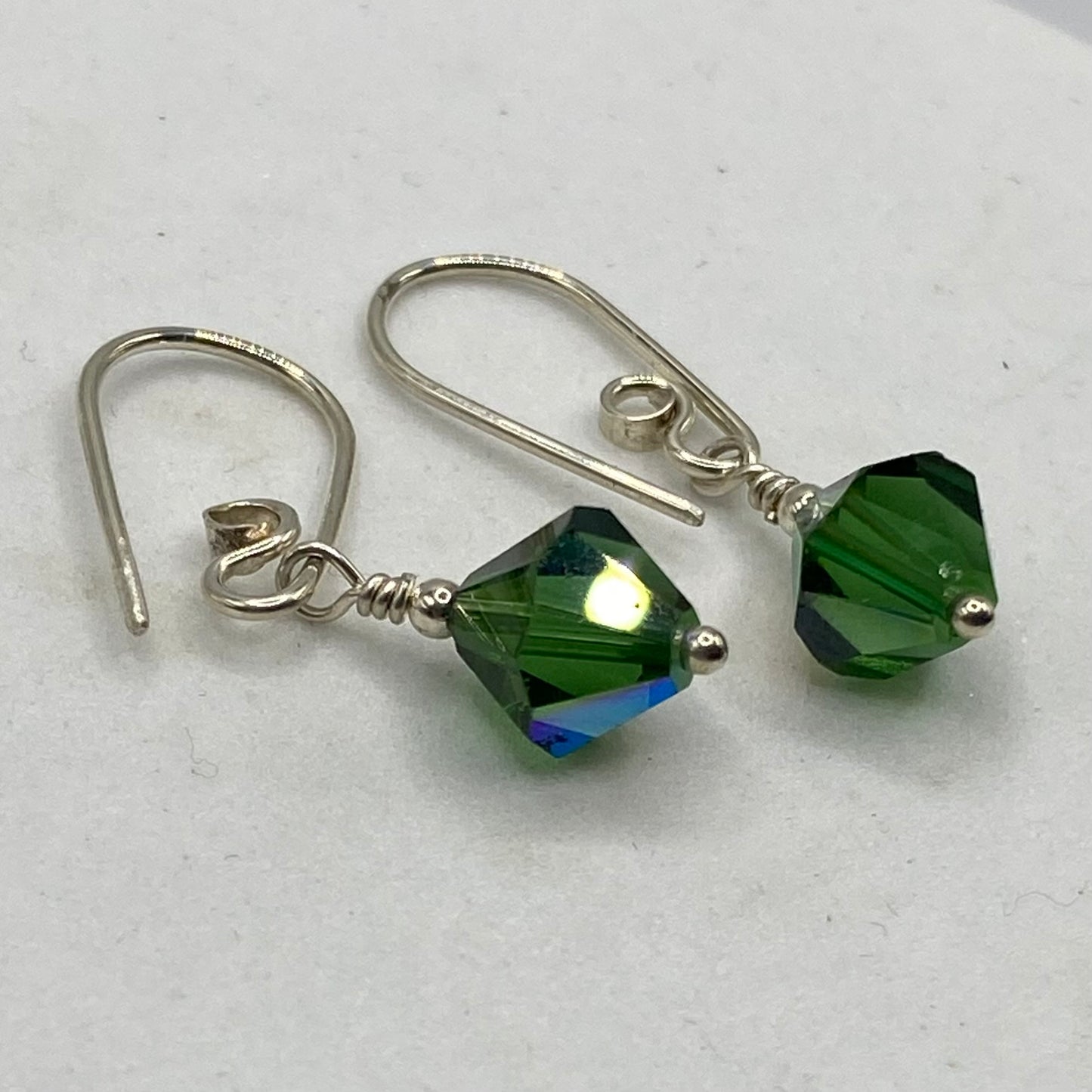 Vintage Green Crystal Earrings by Hip Chick Glass, Sterling Silver Earrings, Handmade Green Crystal Jewelry, Handmade Green Earrings