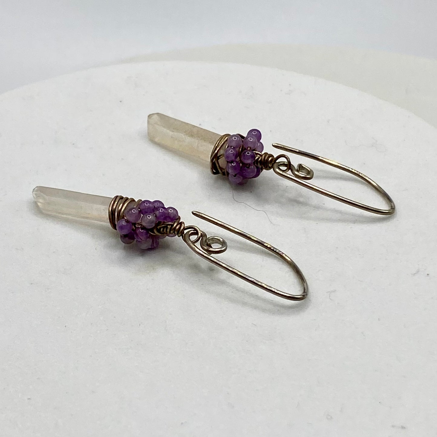 Quartz Crystal Point Earrings with Mini Amethyst Beads by Hip Chick Glass, Sterling Silver Gemstone Earrings, Handmade Boho Jewelry, February Birthstone Gift