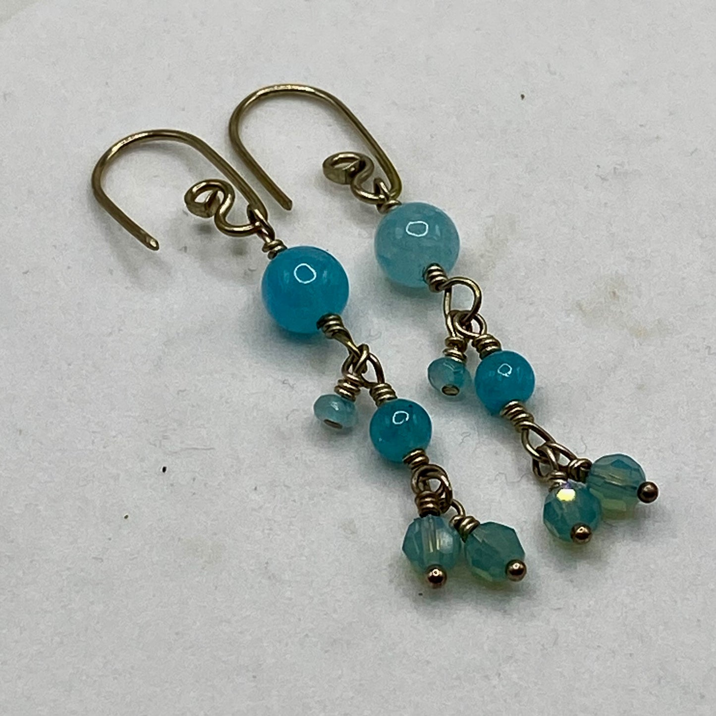 Aquamarine, Angelite & Swarovski Crystal Earrings by Hip Chick Glass, Sterling Silver Wire Wrap Earrings, Handmade Aquamarine Jewelry, March Birthstone Earrings