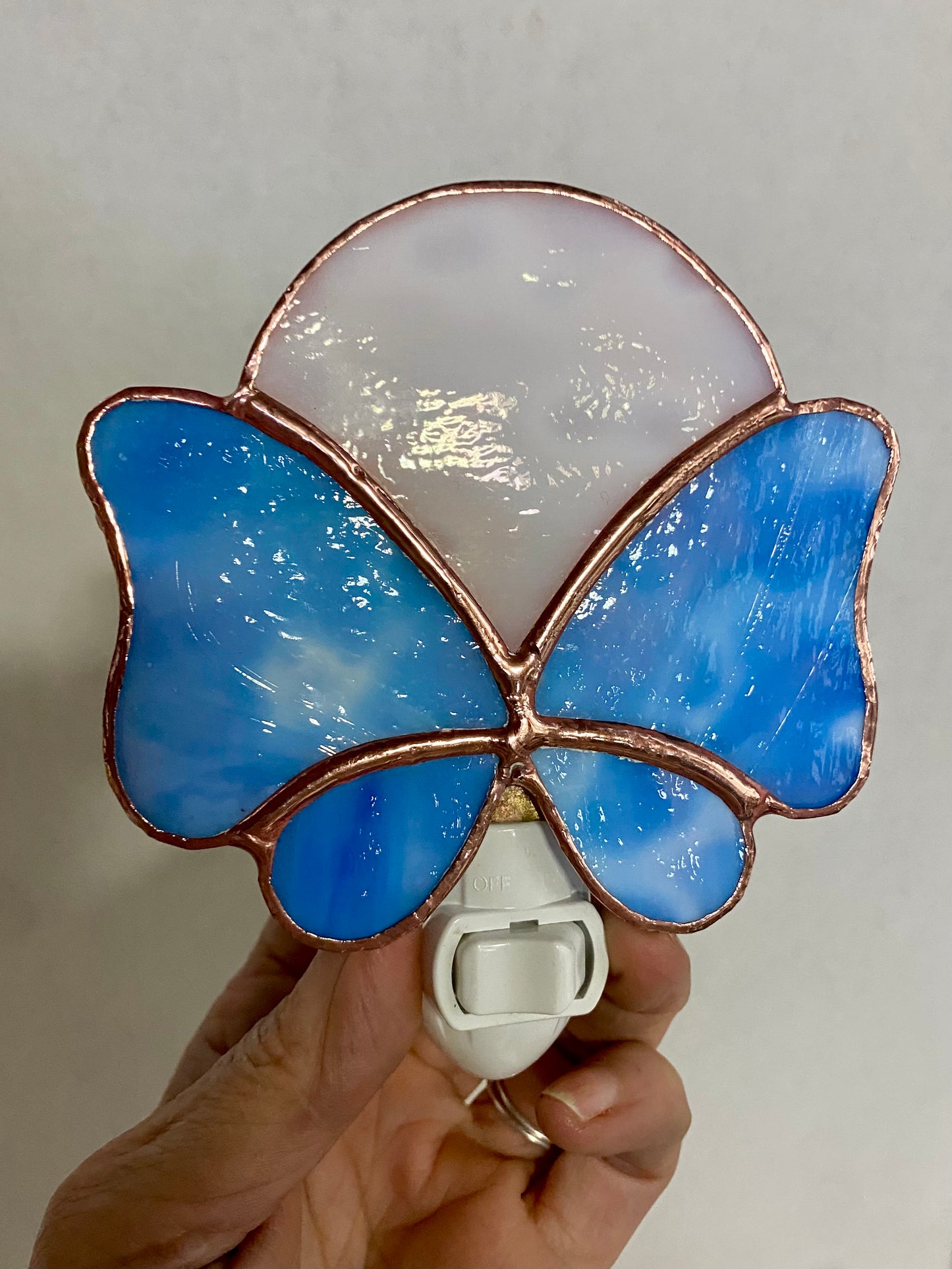 Blue Butterfly Nightlight Under a White Moon| Butterfly Nightlight | Stained Glass Nightlight | Handmade Nightlight | Hip Chick Glass, LLC