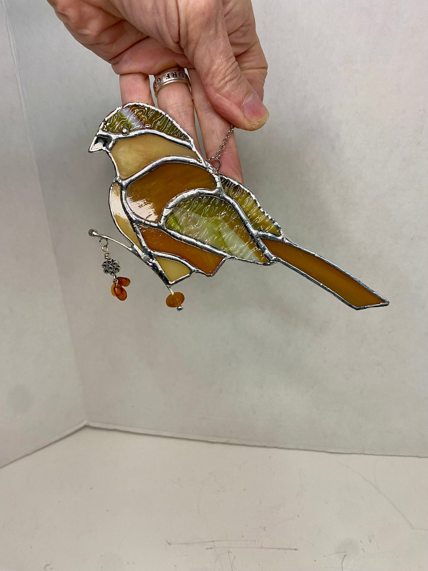 Stained Glass Brown Bird Suncatcher by Hip Chick Glass, Handmade Bird Ornaments