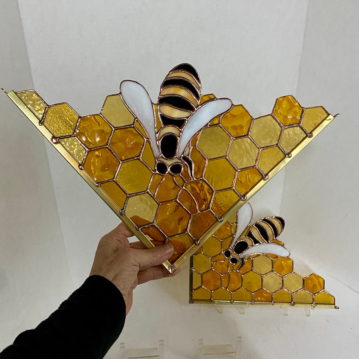 Honeybee Stained Glass Window Corner, Handmade Stained Glass Bee, Bee Stained Glass Window, Yellow Stain Glass Window by Hip Chick Glass