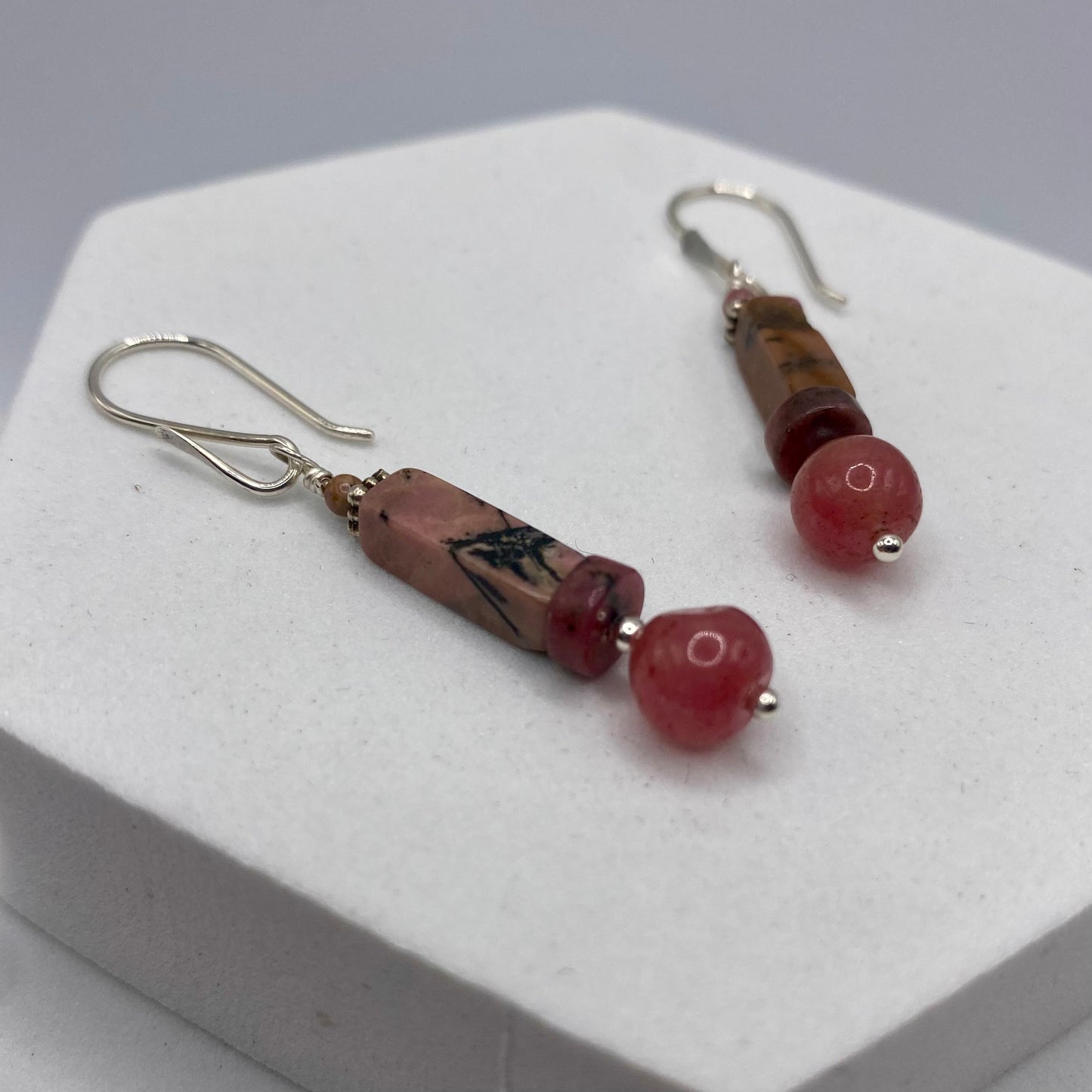 Rhodochrosite & Ruby Dangle Earrings by Hip Chick Glass, Sterling Silver Earrings, Handmade Gemstone Jewelry, Handmade Jewelry Gift